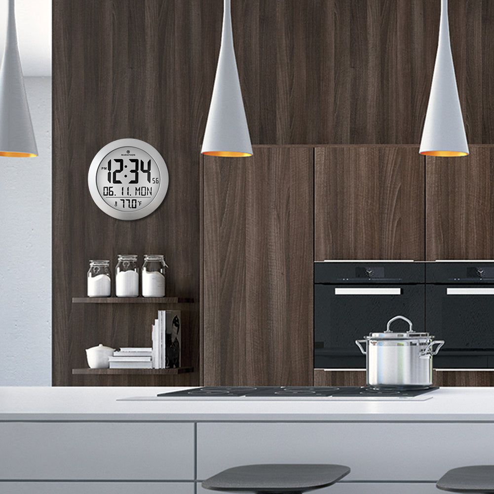 8 Inch Round Digital Wall Clock with Date & Indoor Temperature