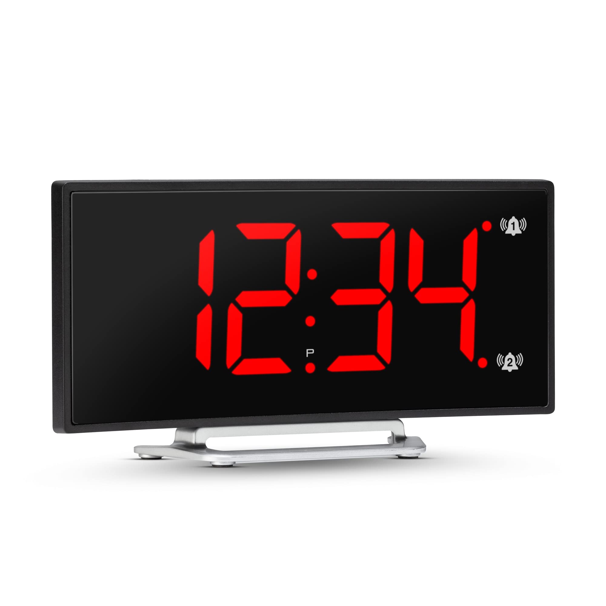 Curved Display LED Clock(Black/Red) with Dual Alarm and USB-C Charging Port image