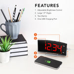 Curved Display LED Clock(Black/Red) with Dual Alarm and USB-C Charging Port