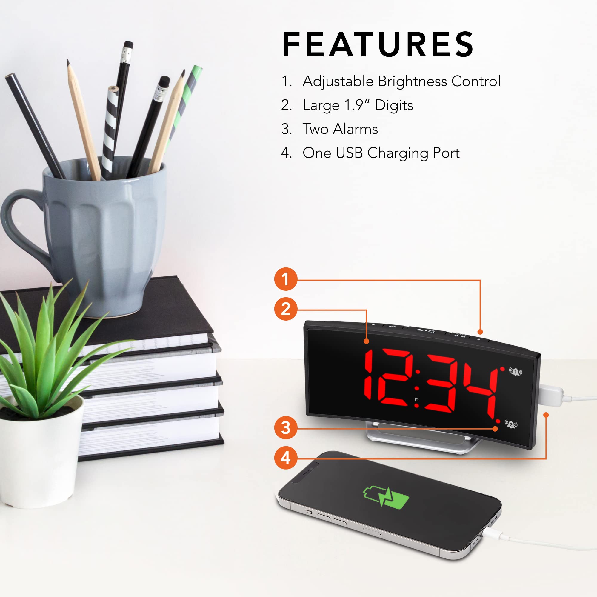 Curved Display LED Clock(Black/Red) with Dual Alarm and USB-C Charging Port