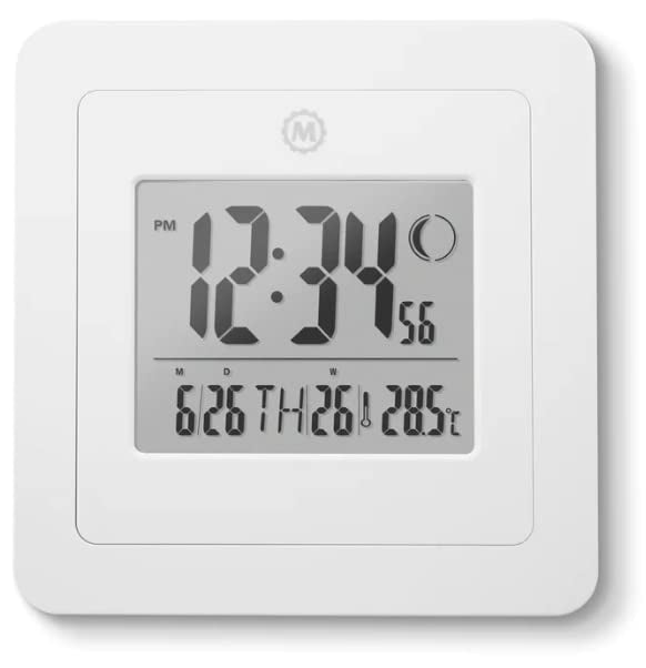 Marathon BASICS Digital Wall Clock with Moon Phase - White