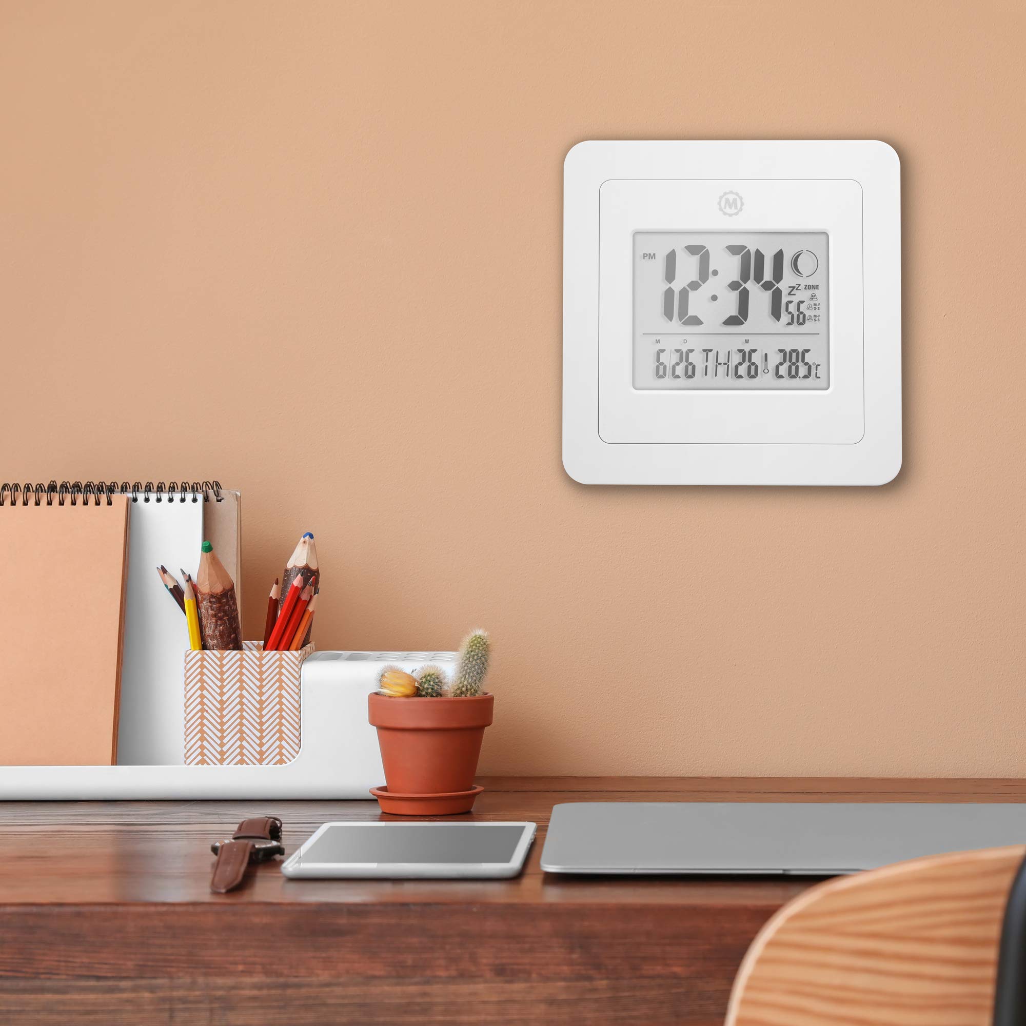 Marathon BASICS Digital Wall Clock with Moon Phase - White