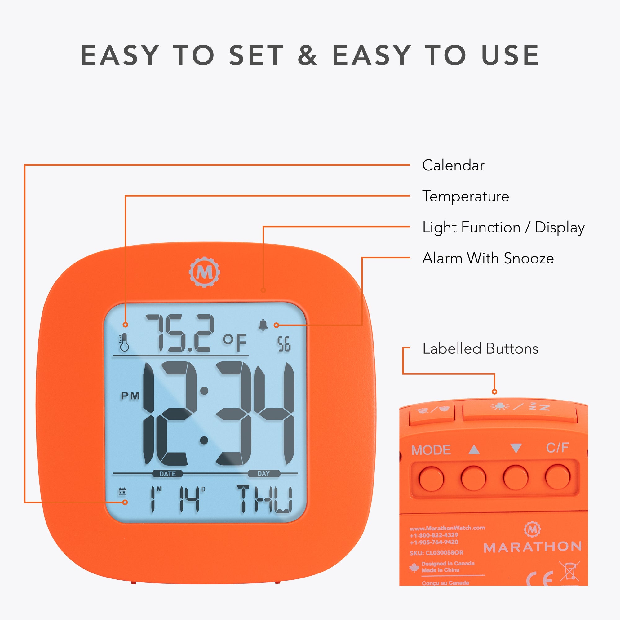Compact Alarm Clock with Temperature and Date - Orange