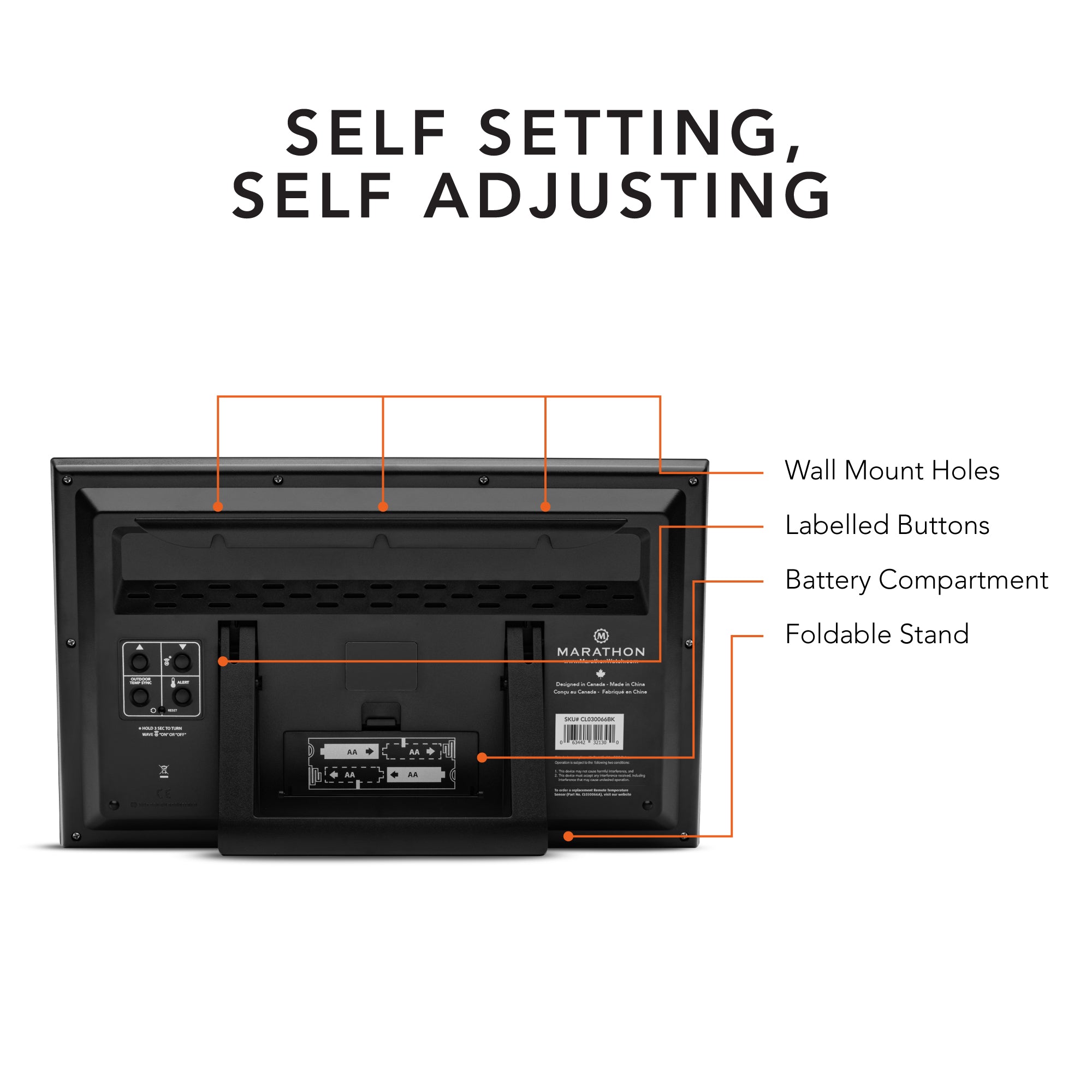 Self-Setting Full Calendar Clock with Extra Large Digits Indoor and Outdoor Temperature - Black