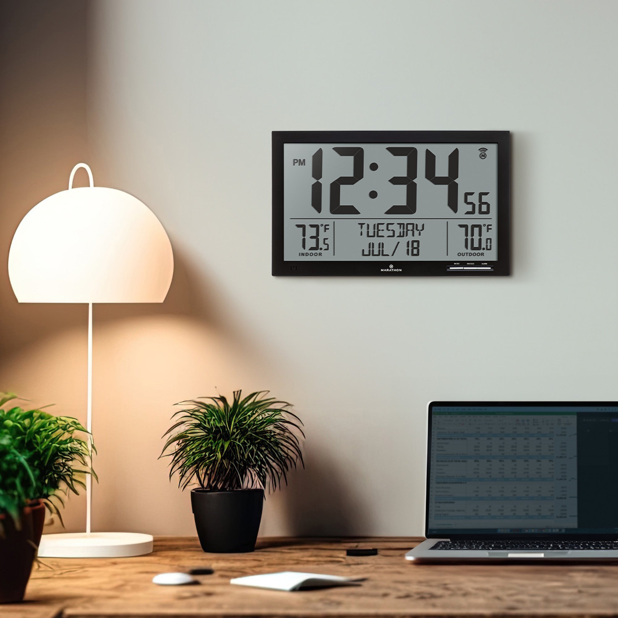 Self-Setting Full Calendar Clock with Extra Large Digits Indoor and Outdoor Temperature - Black image