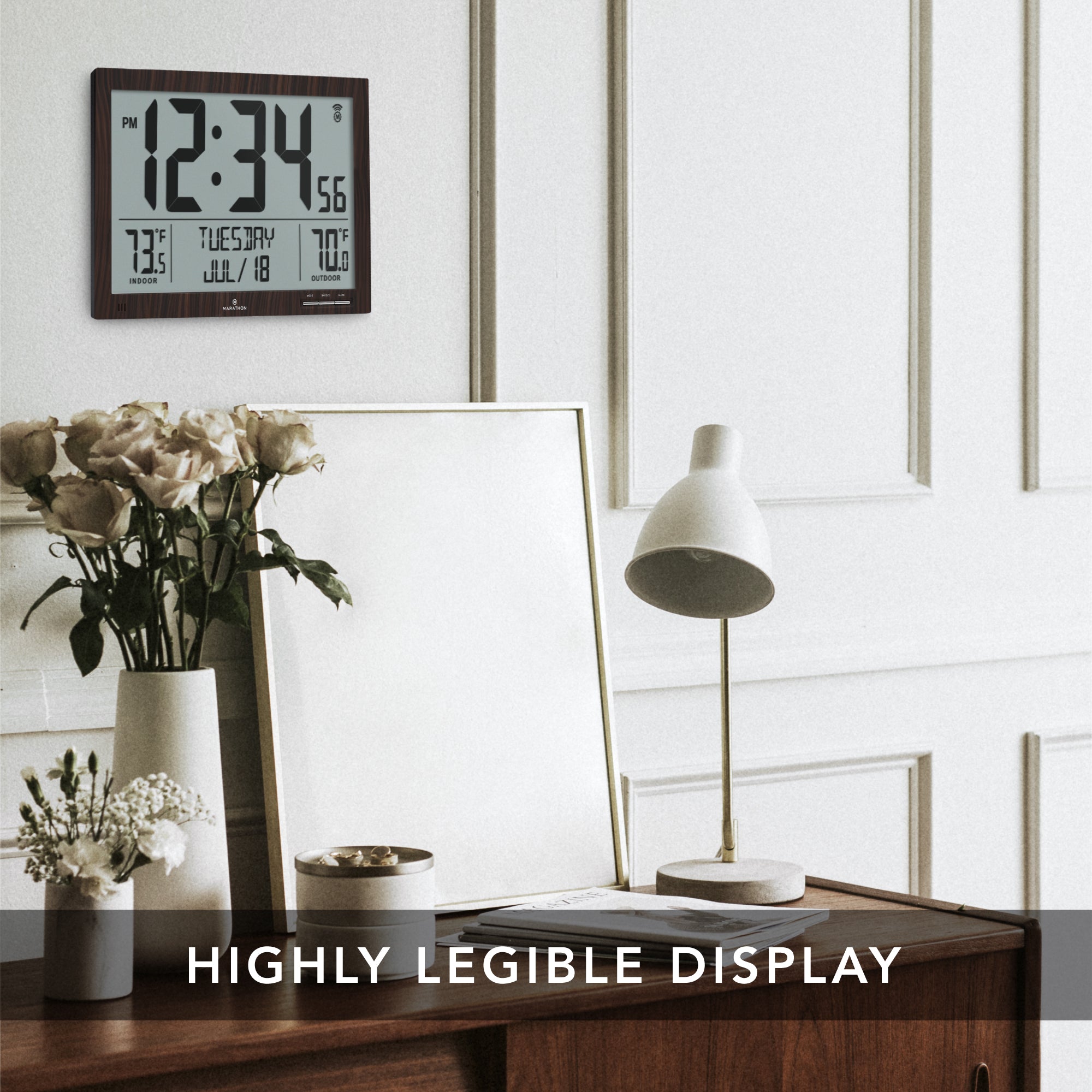 Self-Setting Full Calendar Clock with Extra Large Digits Indoor and Outdoor Temperature - Black