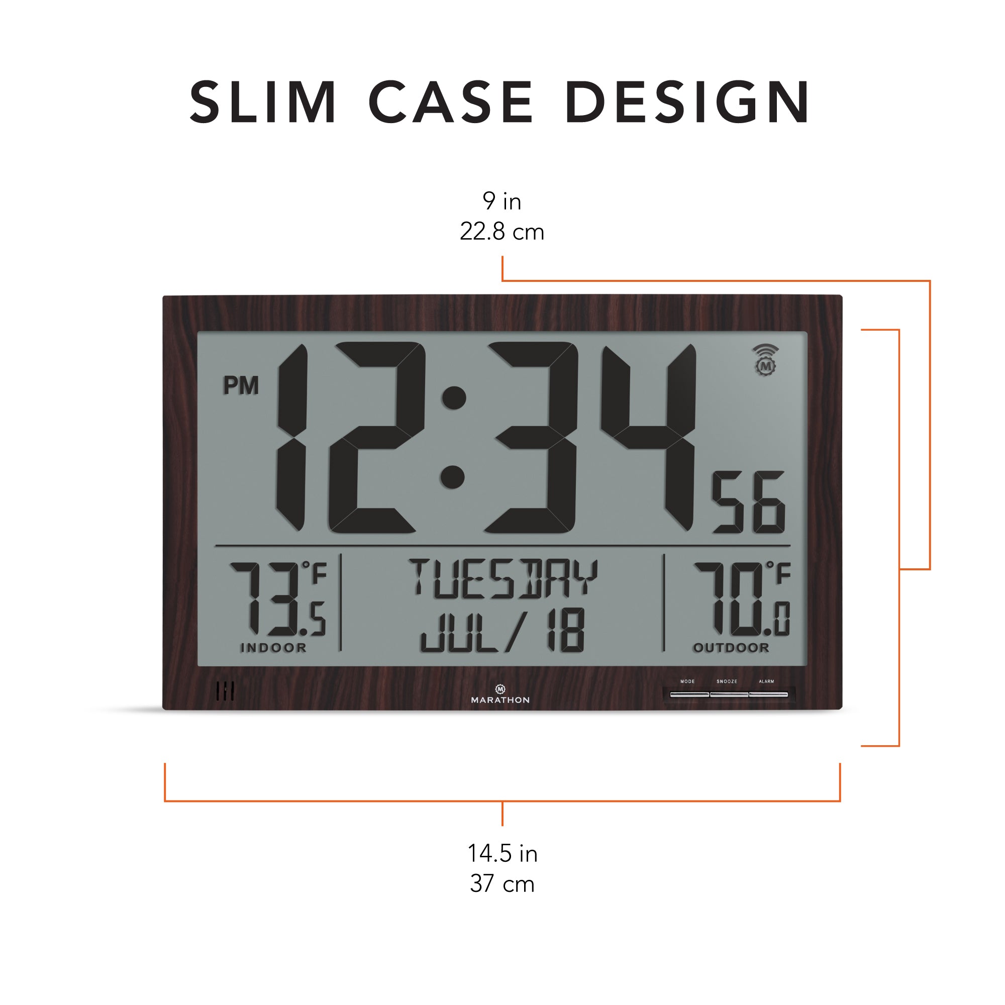 Self-Setting Full Calendar Clock with Extra Large Digits Indoor and Outdoor Temperature - Black