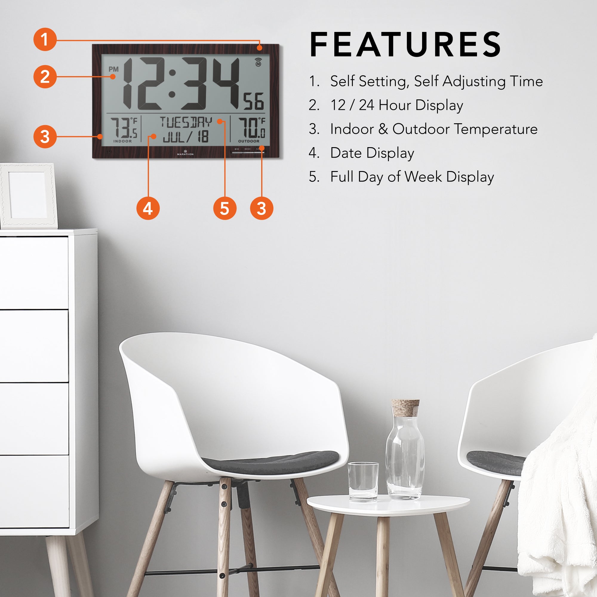 Self-Setting Full Calendar Clock with Extra Large Digits Indoor and Outdoor Temperature - Black