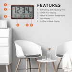 Self-Setting Full Calendar Clock with Extra Large Digits Indoor and Outdoor Temperature - Black