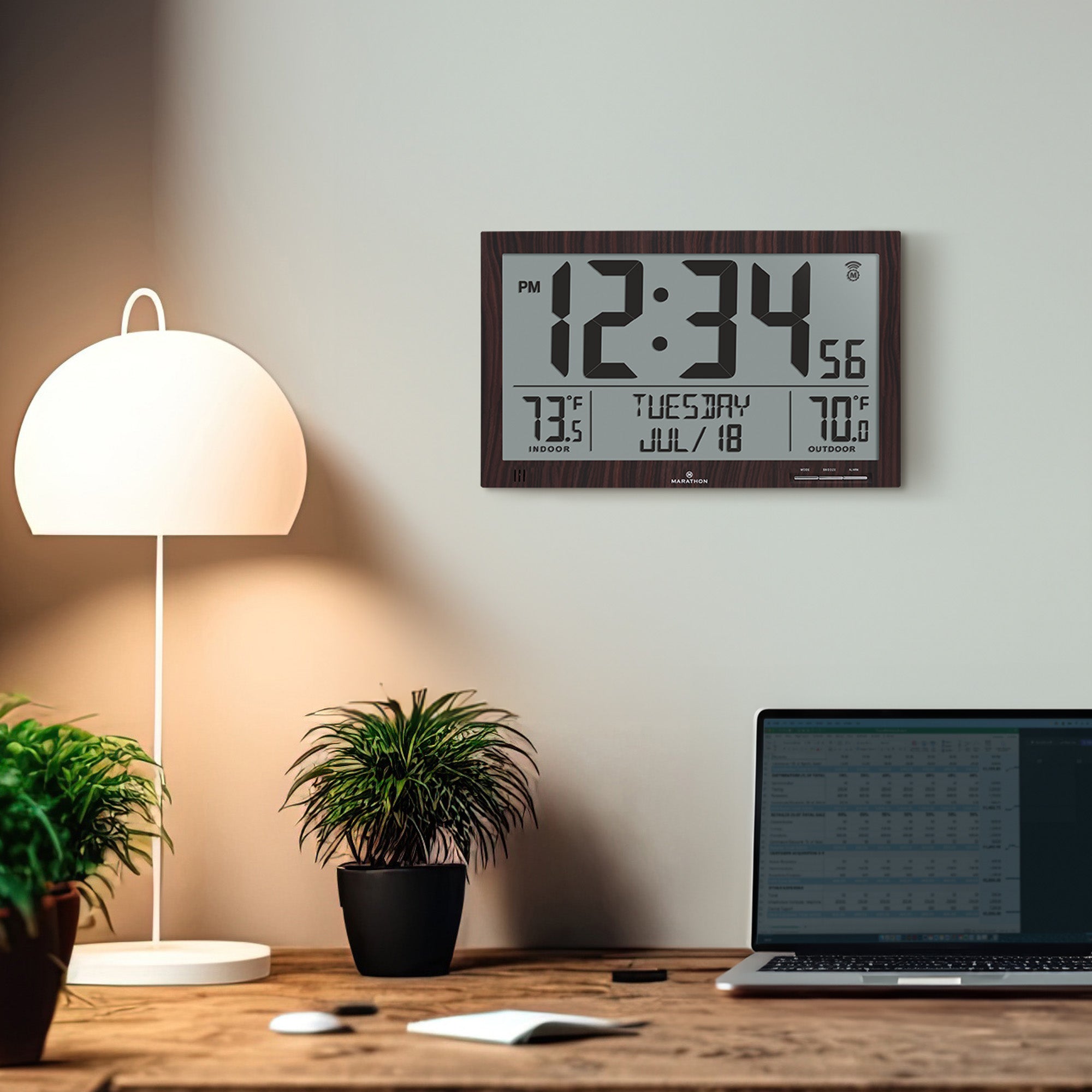 Self-Setting Full Calendar Clock with Extra Large Digits Indoor and Outdoor Temperature - Wood Finish image