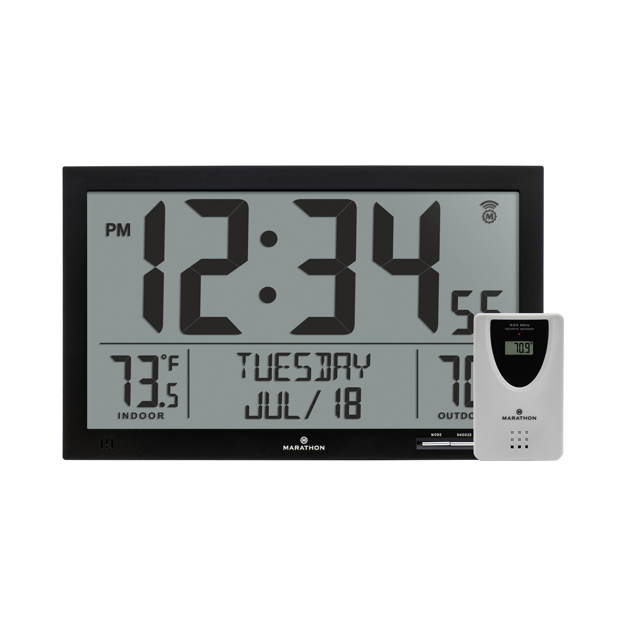 Self-Setting Full Calendar Clock with Extra Large Digits Indoor and Outdoor Temperature - Black image