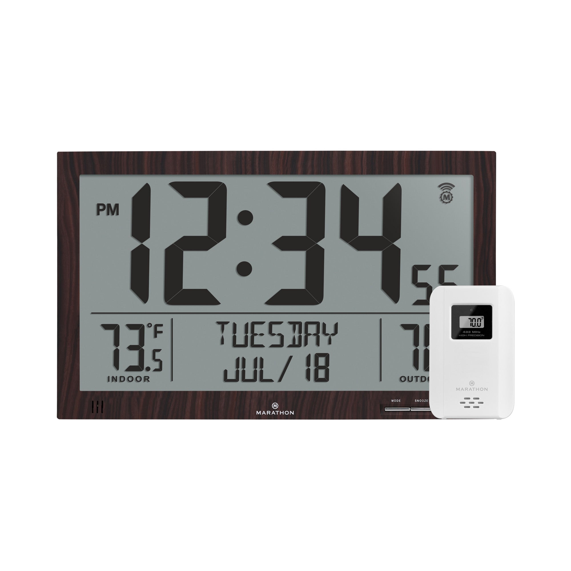 Self-Setting Full Calendar Clock with Extra Large Digits Indoor and Outdoor Temperature - Wood Finish image