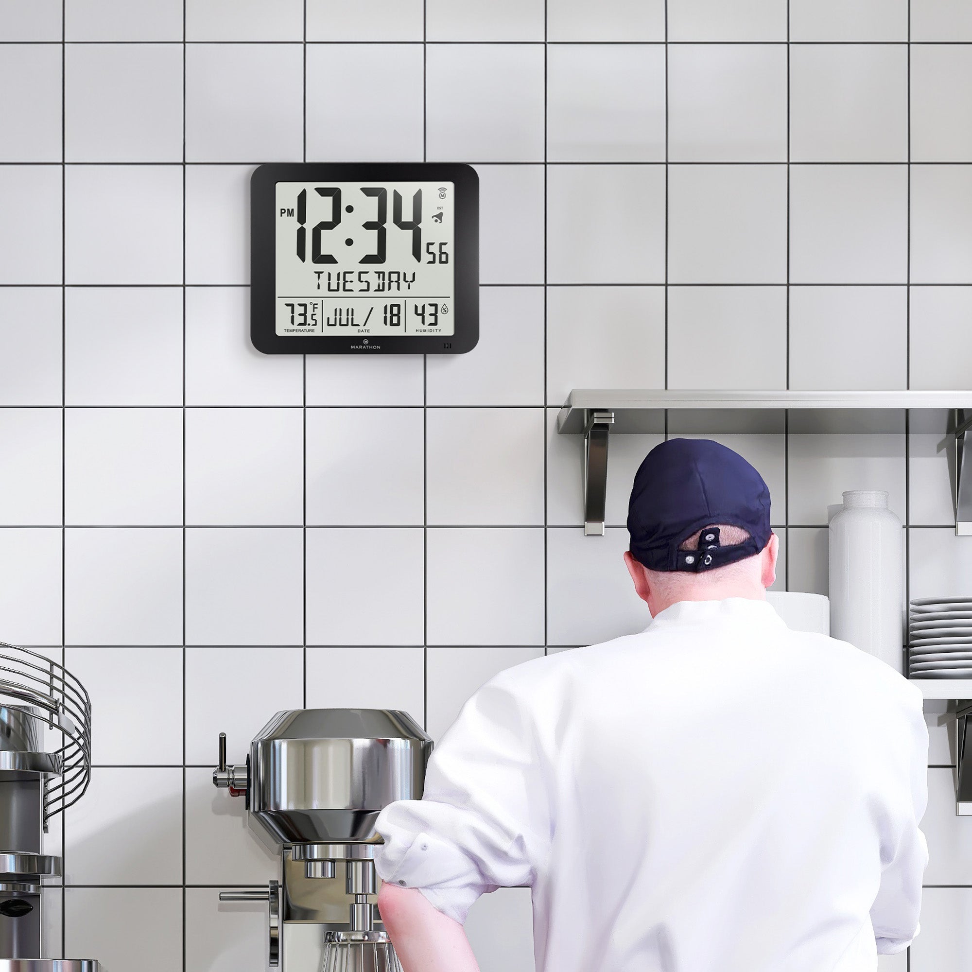 Slim Self-Setting Wall Clock with Full Calendar Display, Temperature & Humidity