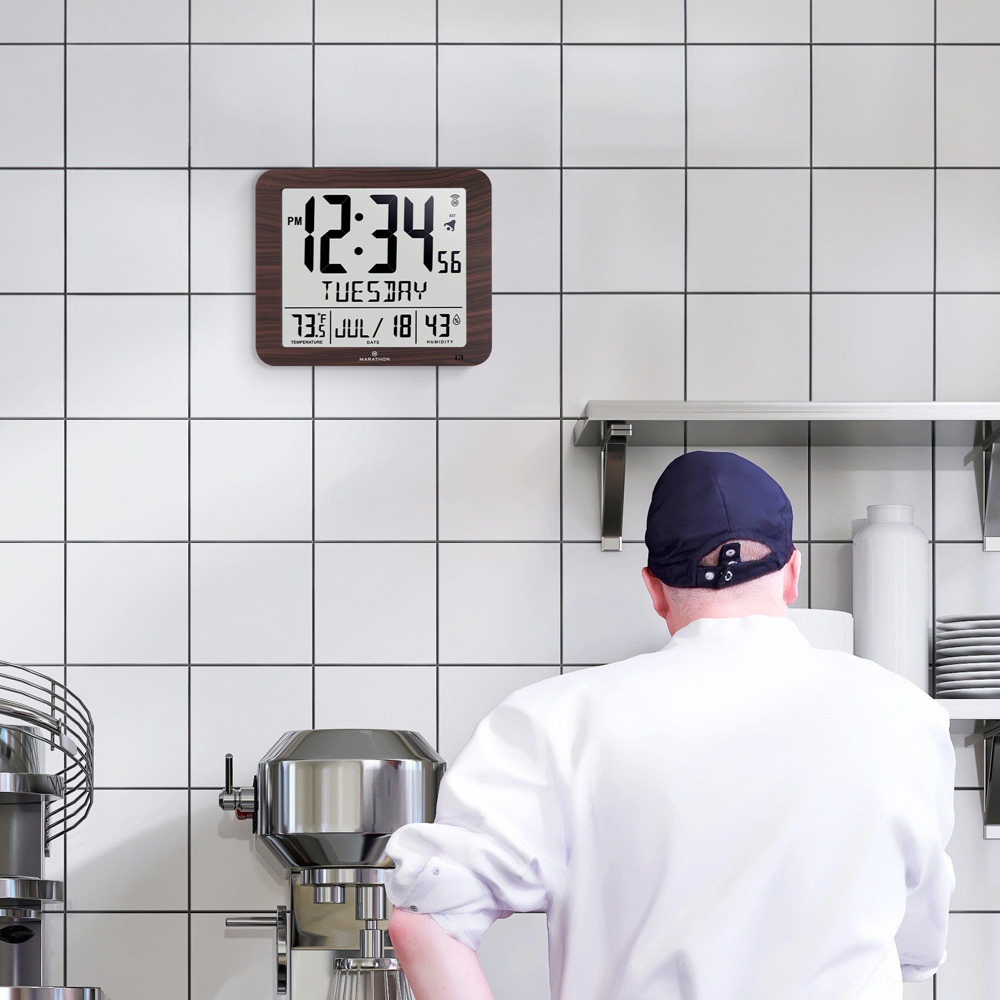 Slim Self-Setting Wall Clock with Full Calendar Display, Temperature & Humidity image