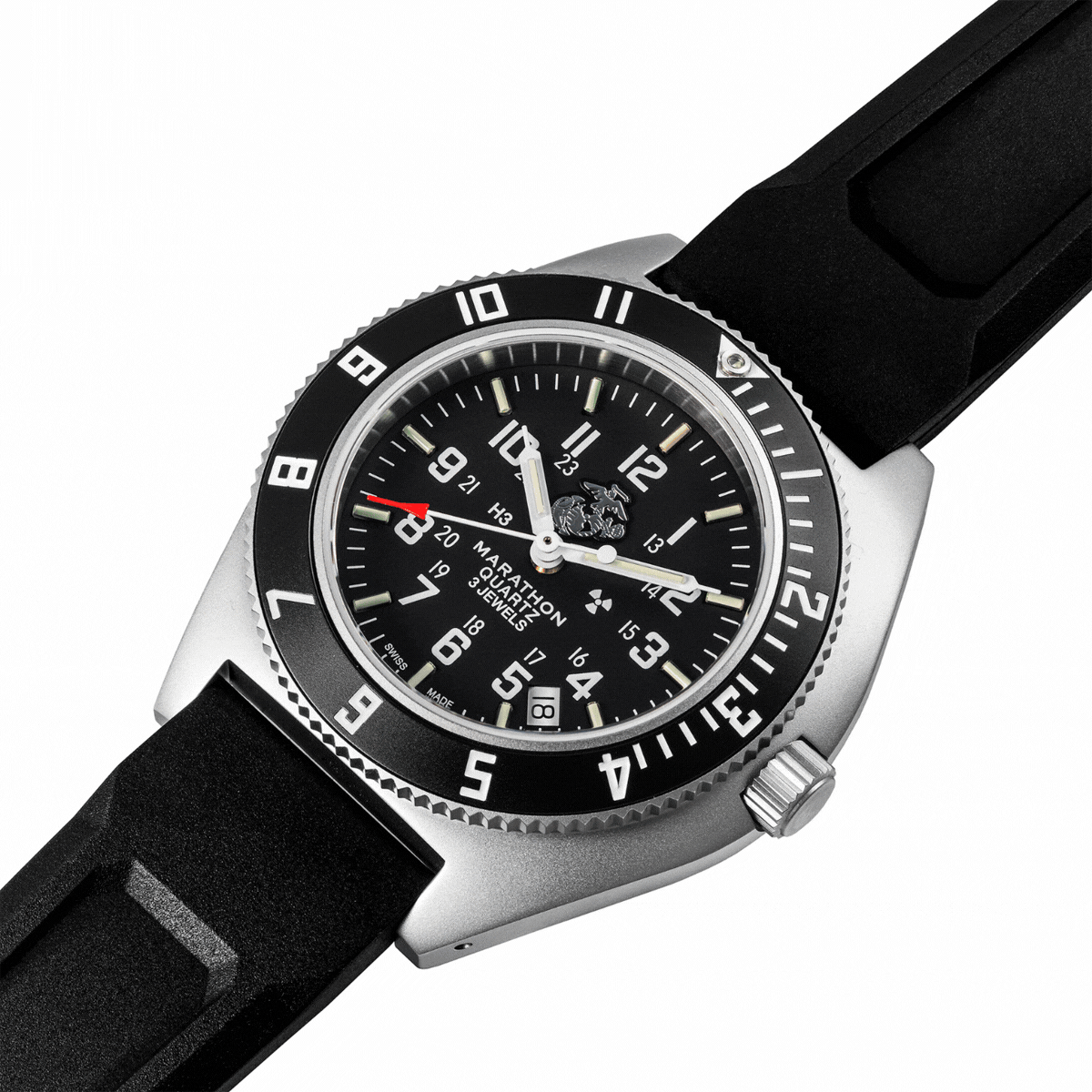 41mm Offizieller USMC™ Stahl Navigator mit Datum (SSNAV-D) auf schwarzem 3-teiligem Gummiarmband-Set