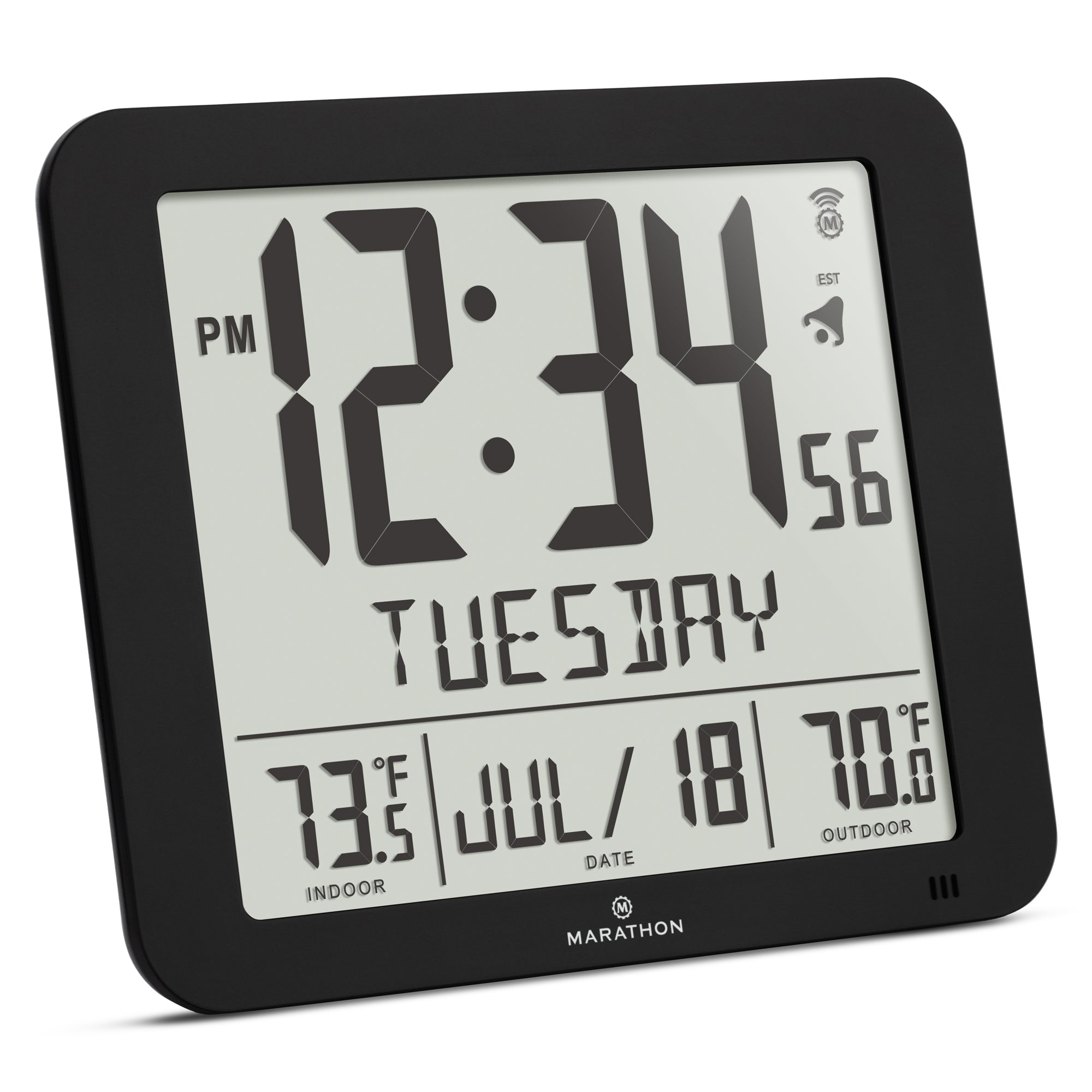 Slim Self-Setting Full Calendar Wall Clock with Indoor/Outdoor Temperature