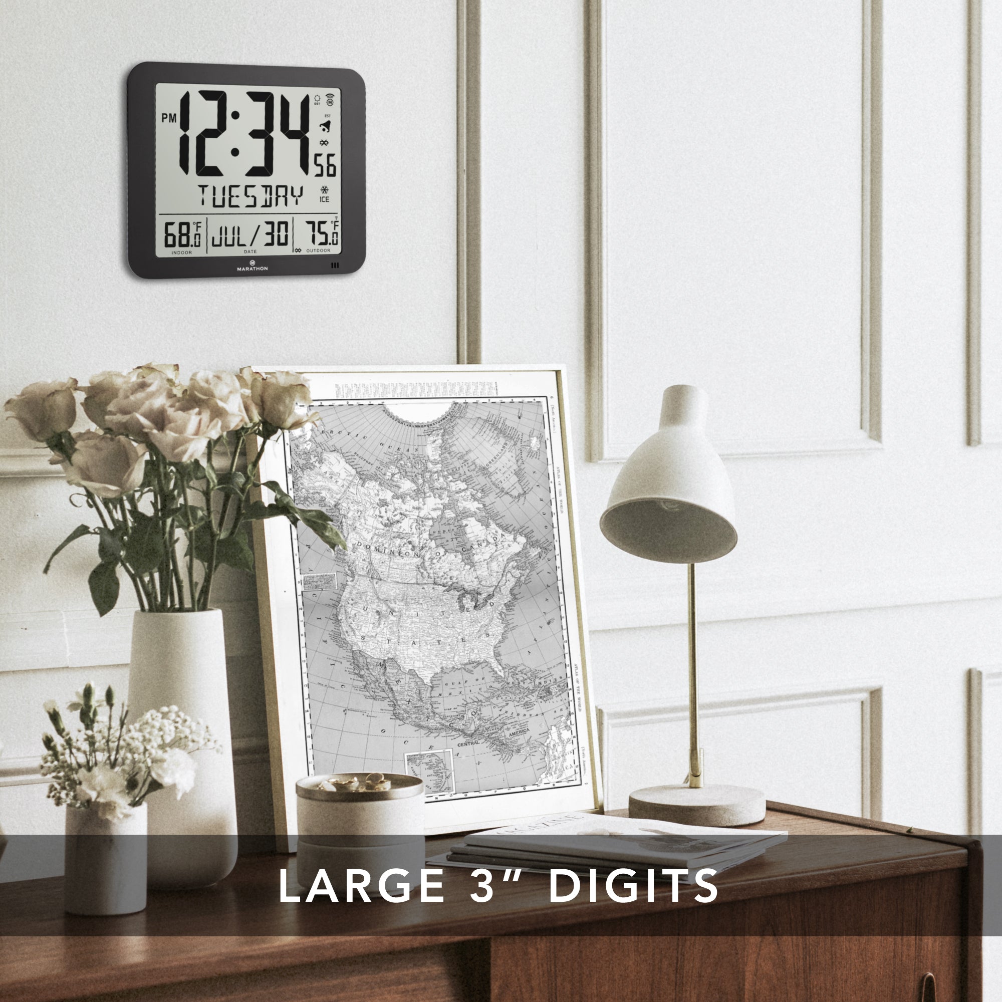 Slim Self-Setting Full Calendar Wall Clock with Indoor/Outdoor Temperature