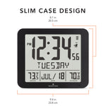 Slim Self-Setting Full Calendar Wall Clock with Indoor/Outdoor Temperature