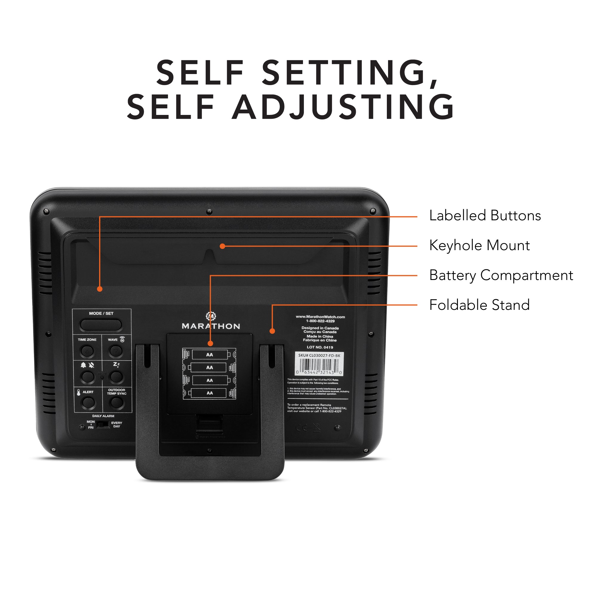 Slim Self-Setting Full Calendar Wall Clock with Indoor/Outdoor Temperature