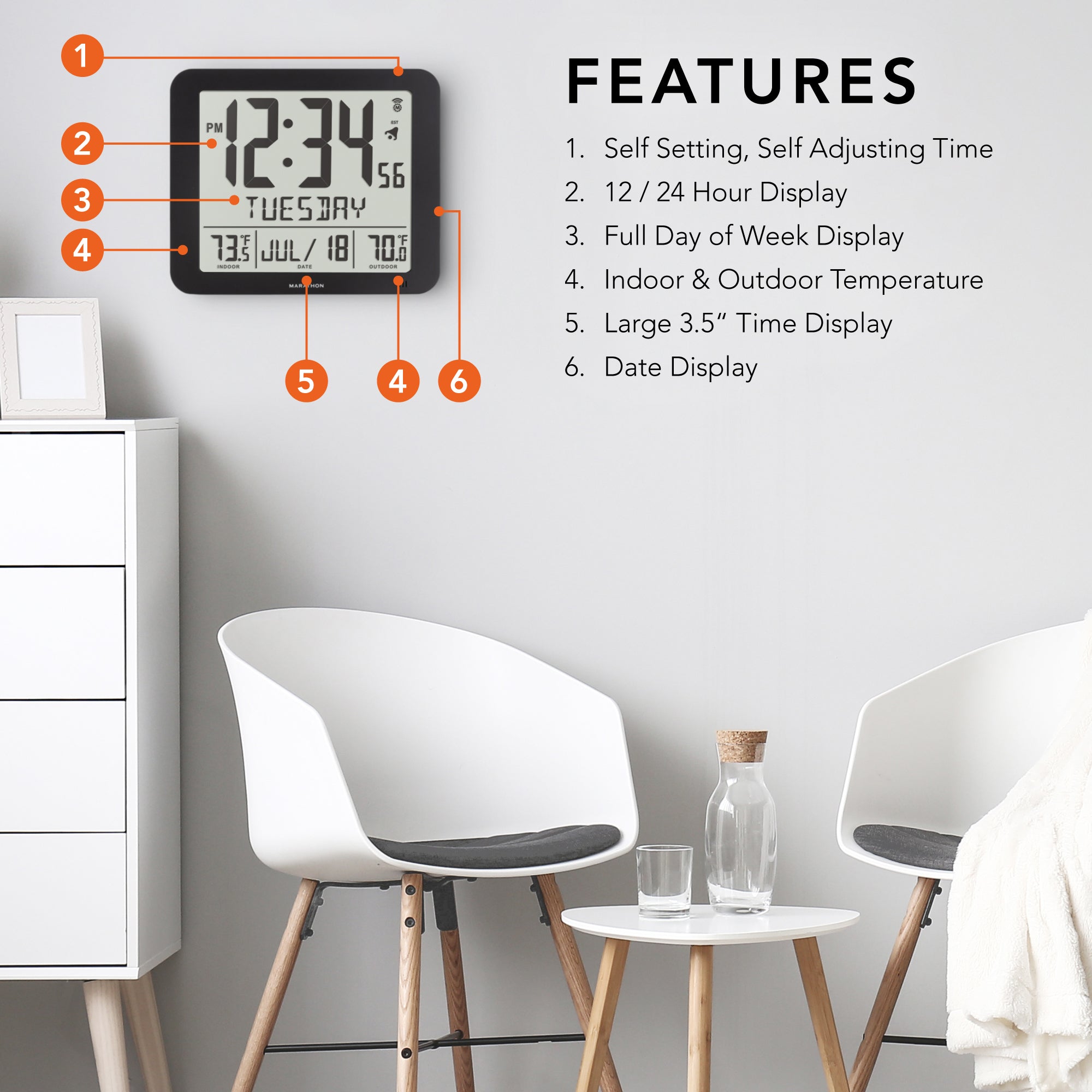 Slim Self-Setting Full Calendar Wall Clock with Indoor/Outdoor Temperature