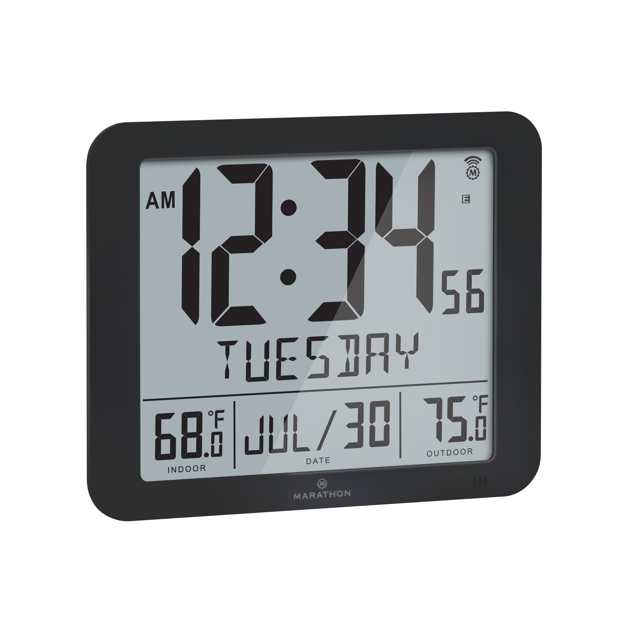 Slim Atomic Full Calendar Wall Clock with Indoor/Outdoor Temperature –  Marathon Watch