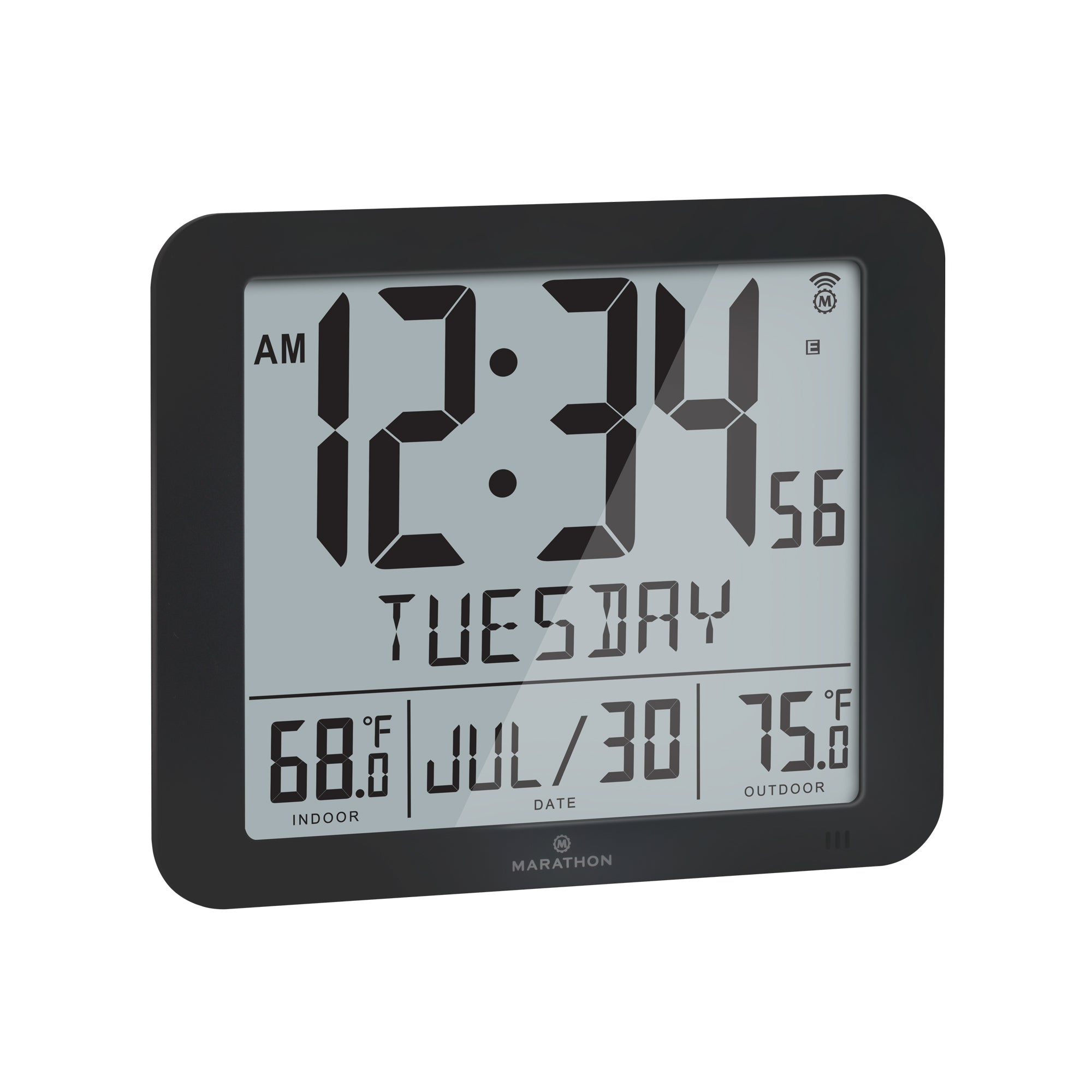 Slim Atomic Full Calendar Wall Clock with Indoor/Outdoor Temperature - Marathon Watch Company
