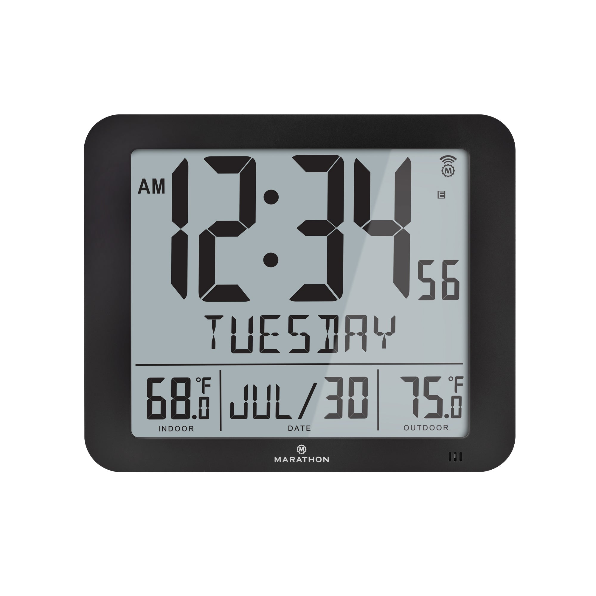 Slim Self-Setting Full Calendar Wall Clock with Indoor/Outdoor Temperature