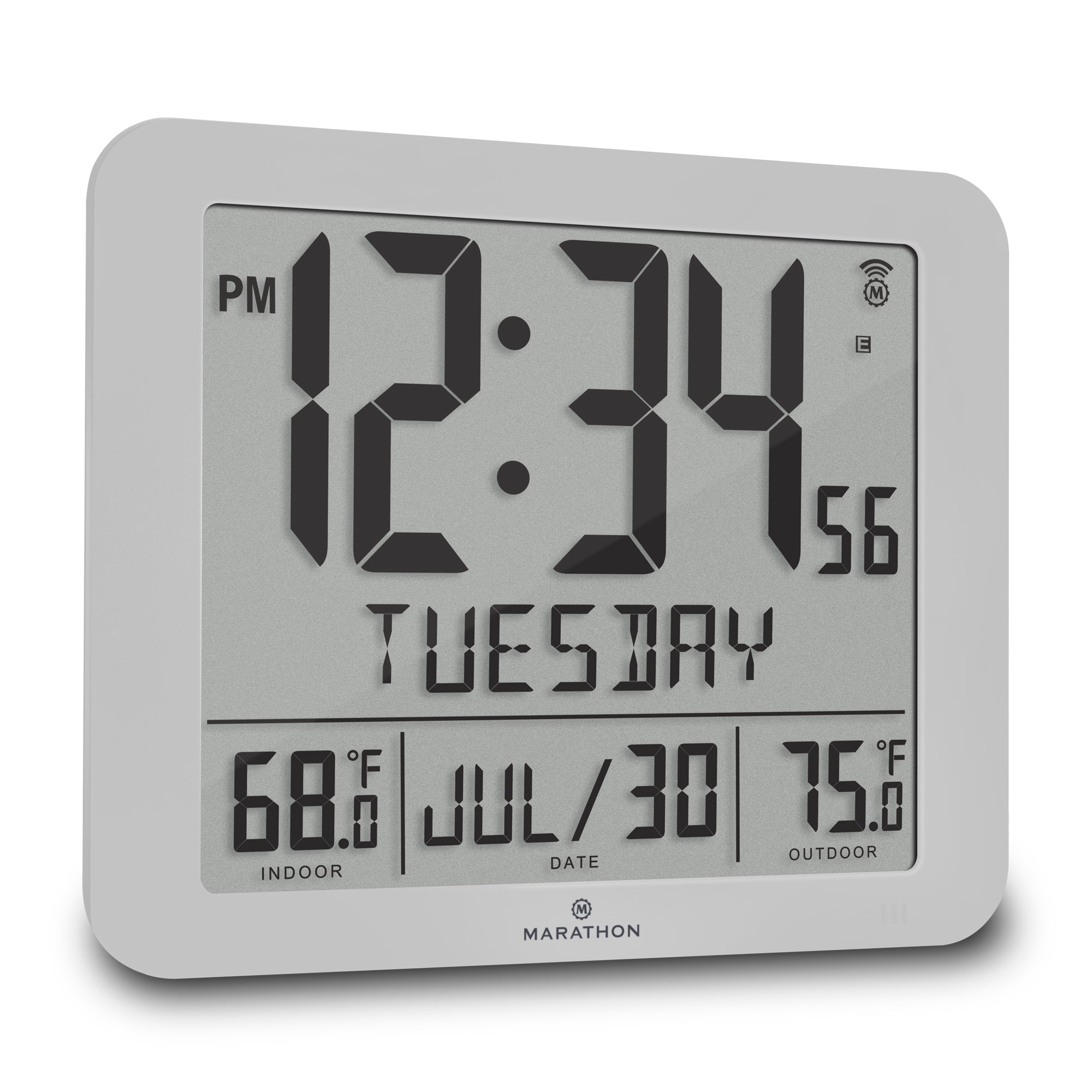 Slim Self-Setting Full Calendar Wall Clock with Indoor/Outdoor Temperature