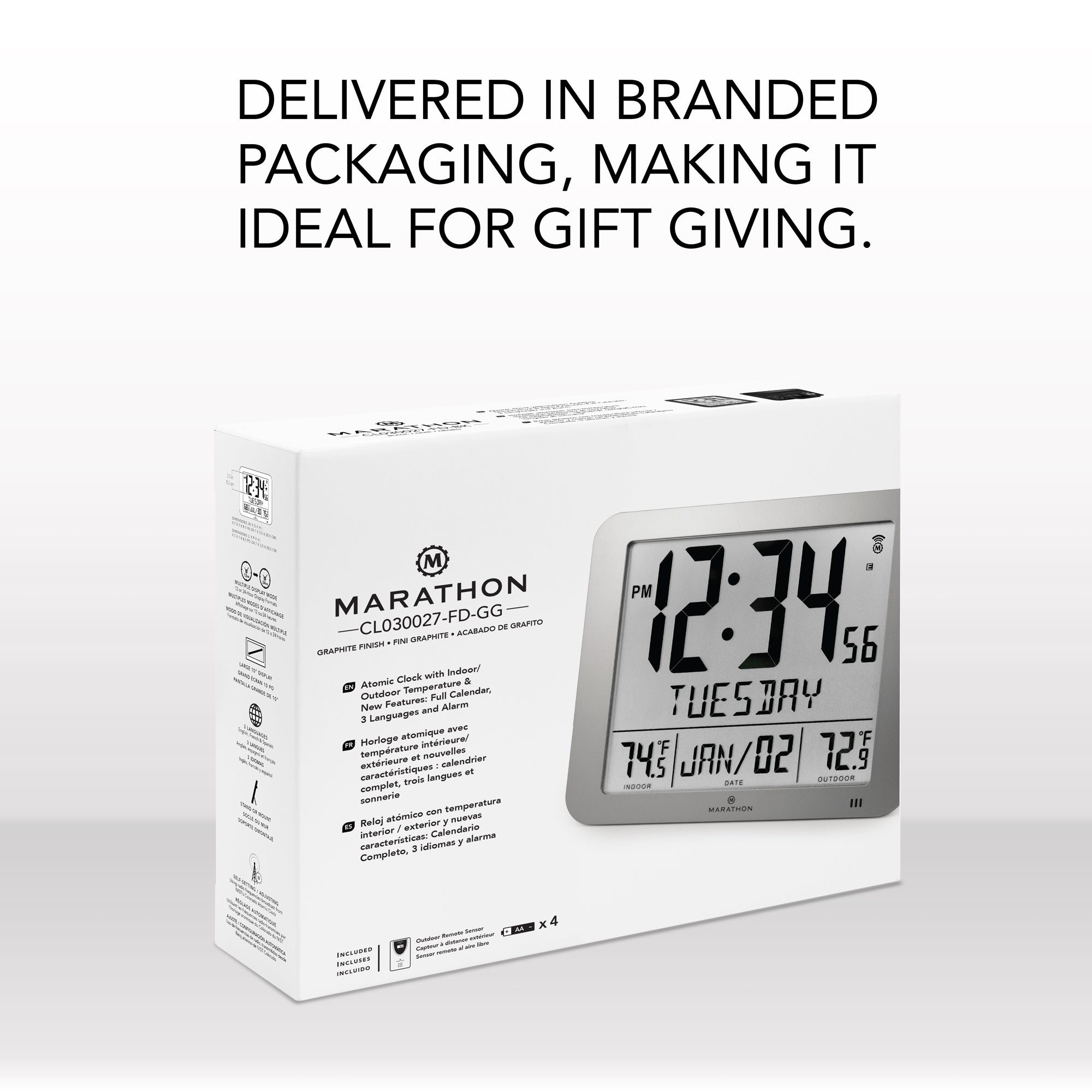 Slim Self-Setting Full Calendar Wall Clock with Indoor/Outdoor Temperature