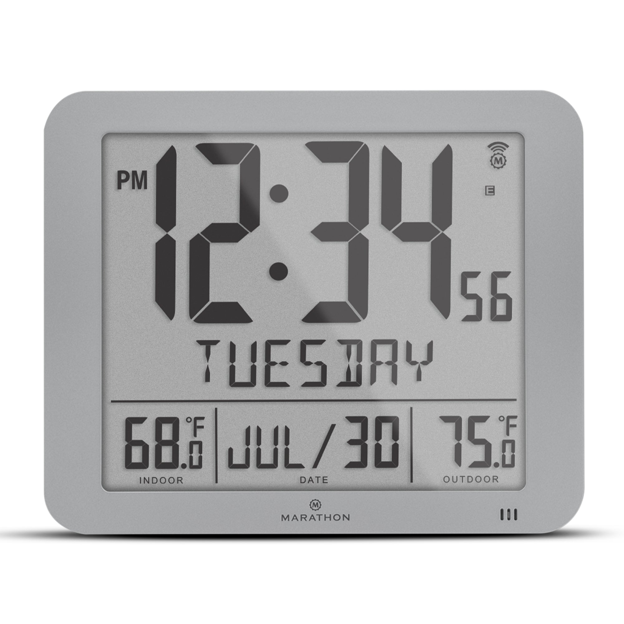 Slim Self-Setting Full Calendar Wall Clock with Indoor/Outdoor Temperature