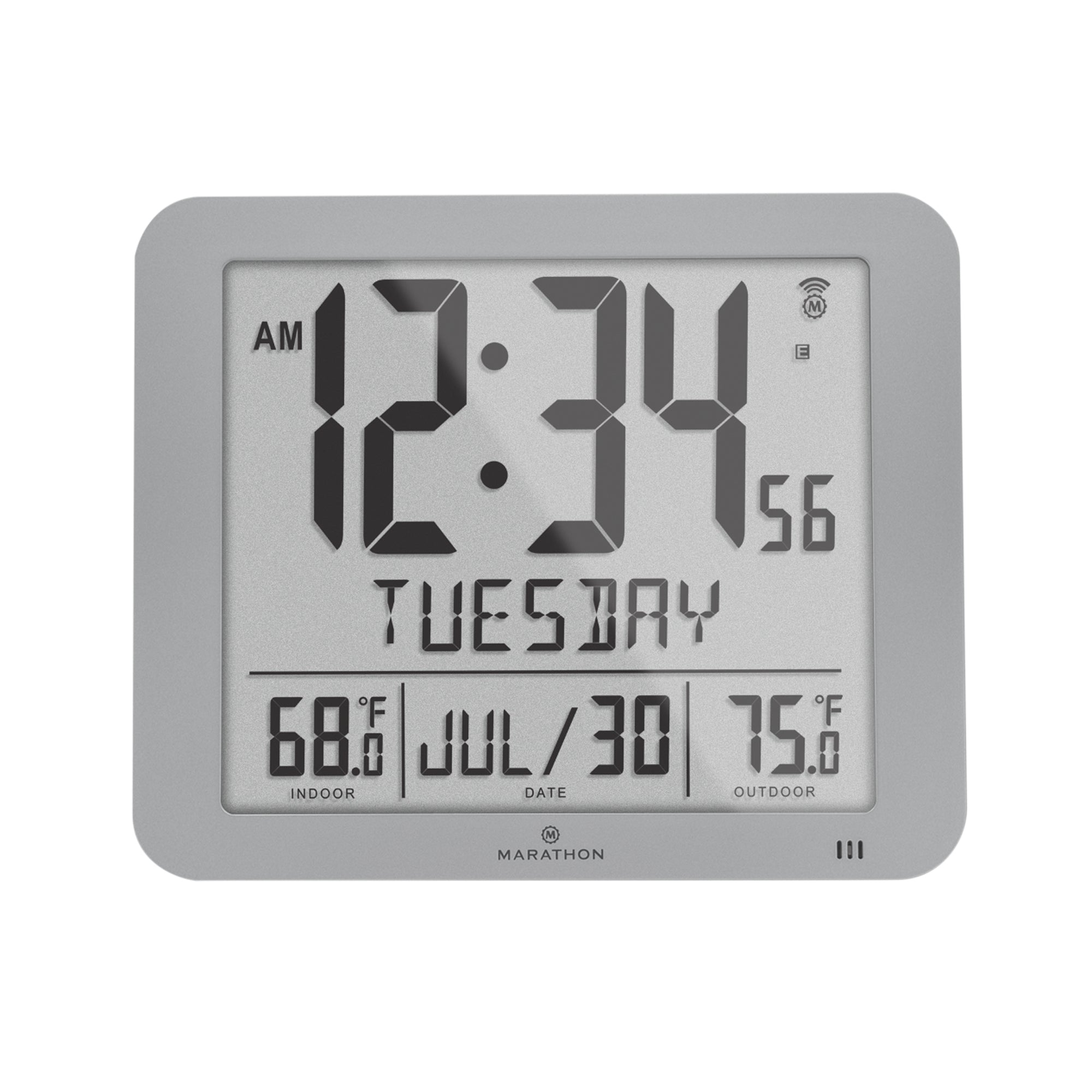 Slim Self-Setting Full Calendar Wall Clock with Indoor/Outdoor Temperature