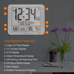 Slim Self-Setting Full Calendar Wall Clock with Indoor/Outdoor Temperature