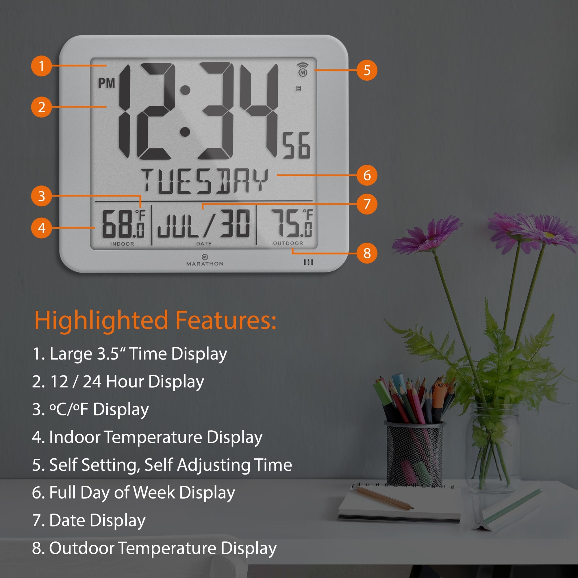 Slim Self-Setting Full Calendar Wall Clock with Indoor/Outdoor Temperature
