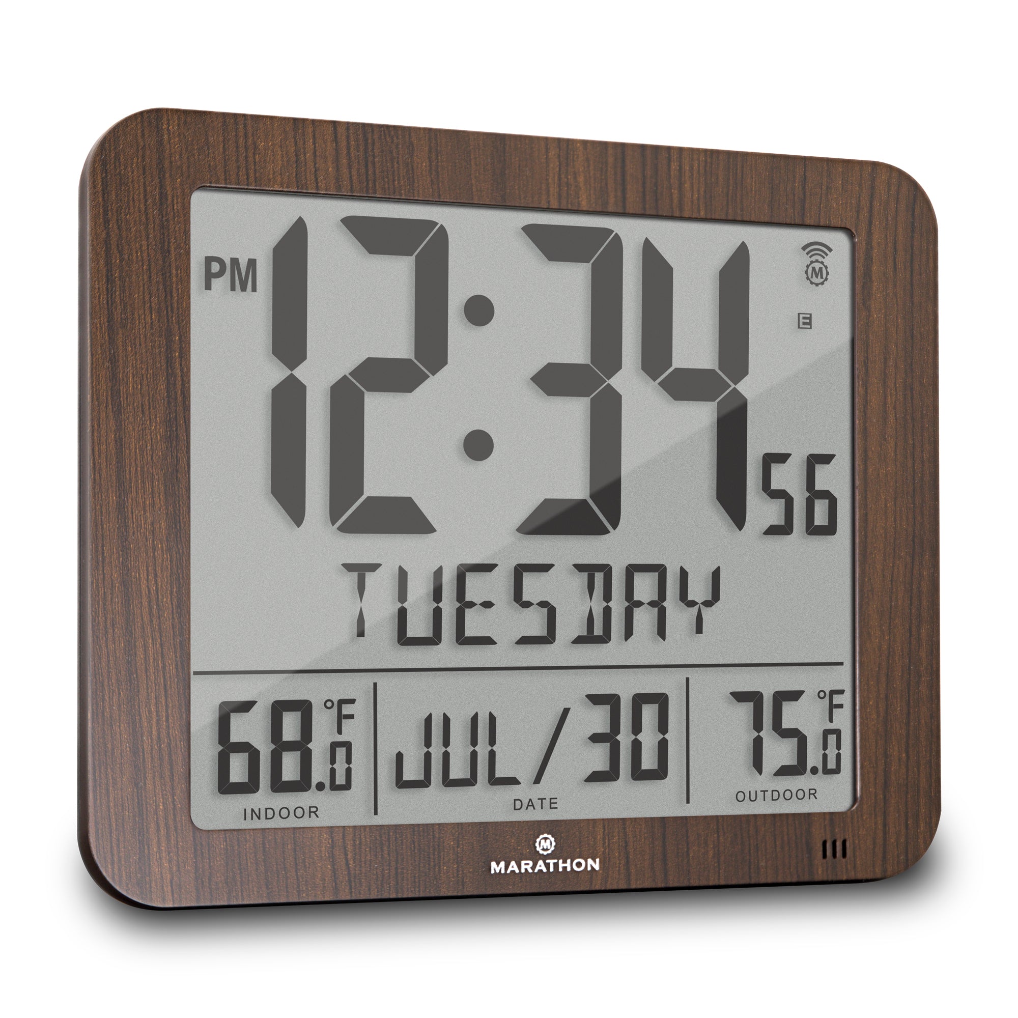 Slim Self-Setting Full Calendar Wall Clock with Indoor/Outdoor Temperature