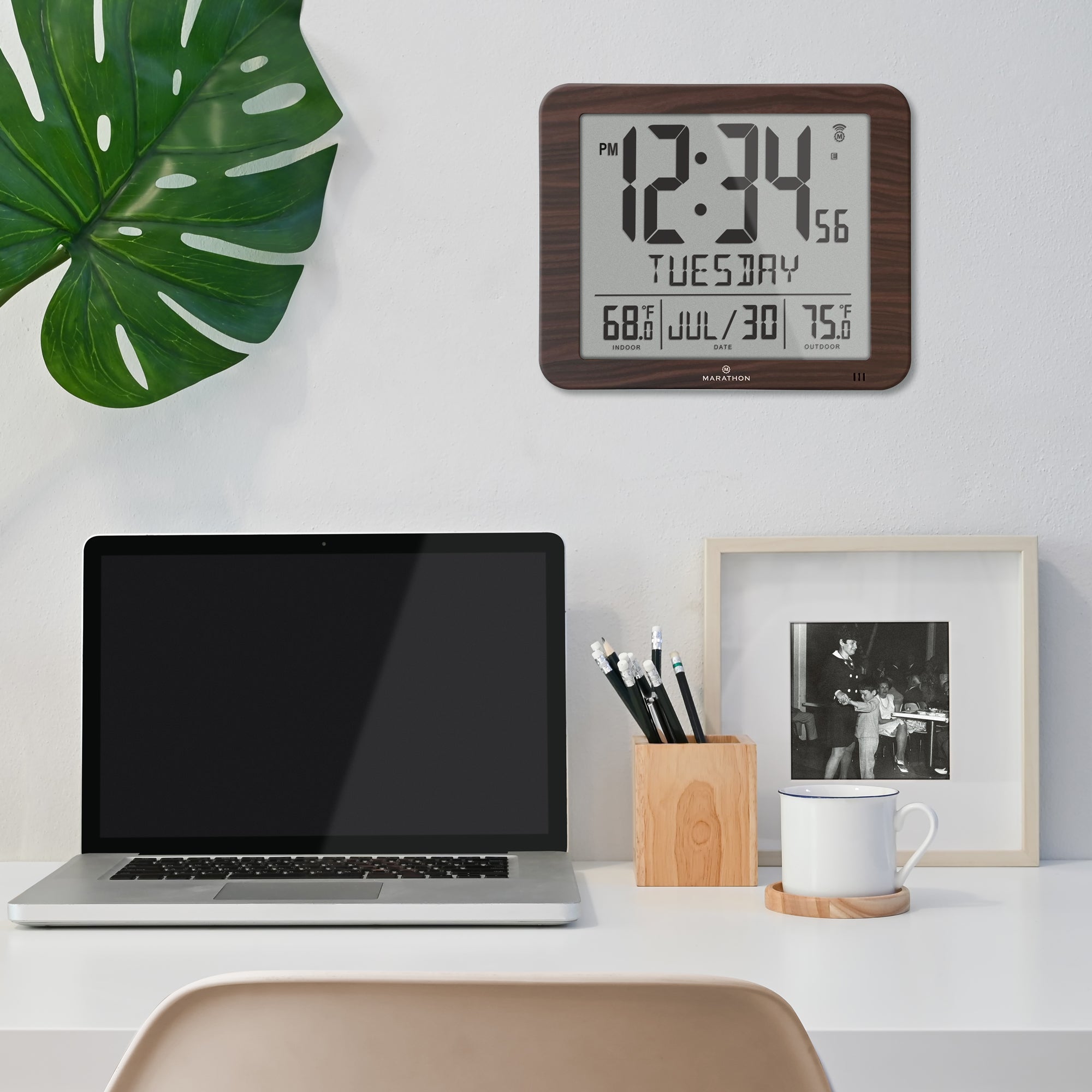 Slim Self-Setting Full Calendar Wall Clock with Indoor/Outdoor Temperature