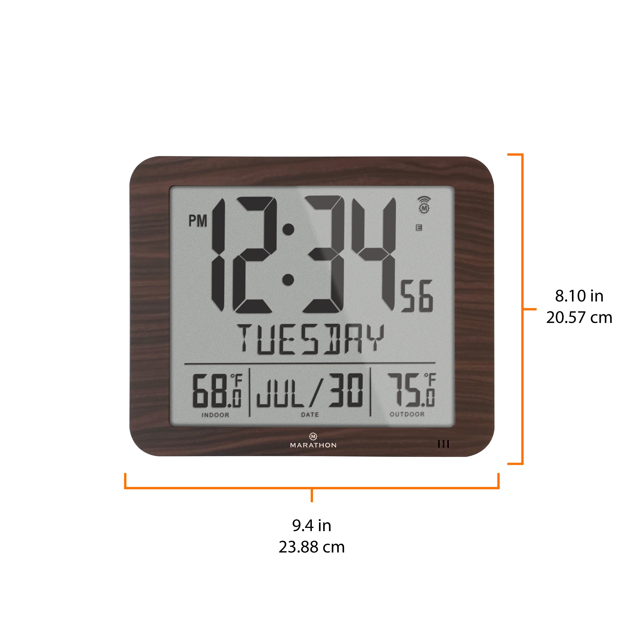 Slim Self-Setting Full Calendar Wall Clock with Indoor/Outdoor Temperature