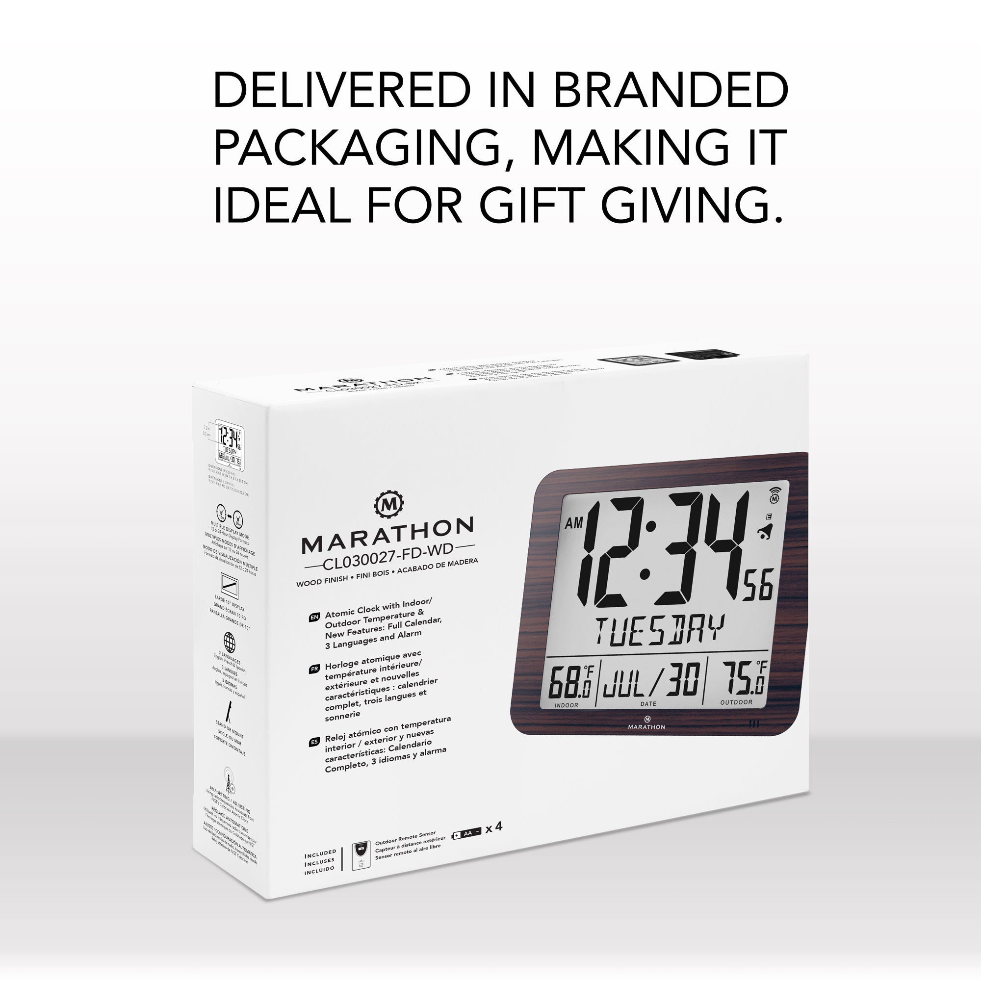 Slim Self-Setting Full Calendar Wall Clock with Indoor/Outdoor Temperature