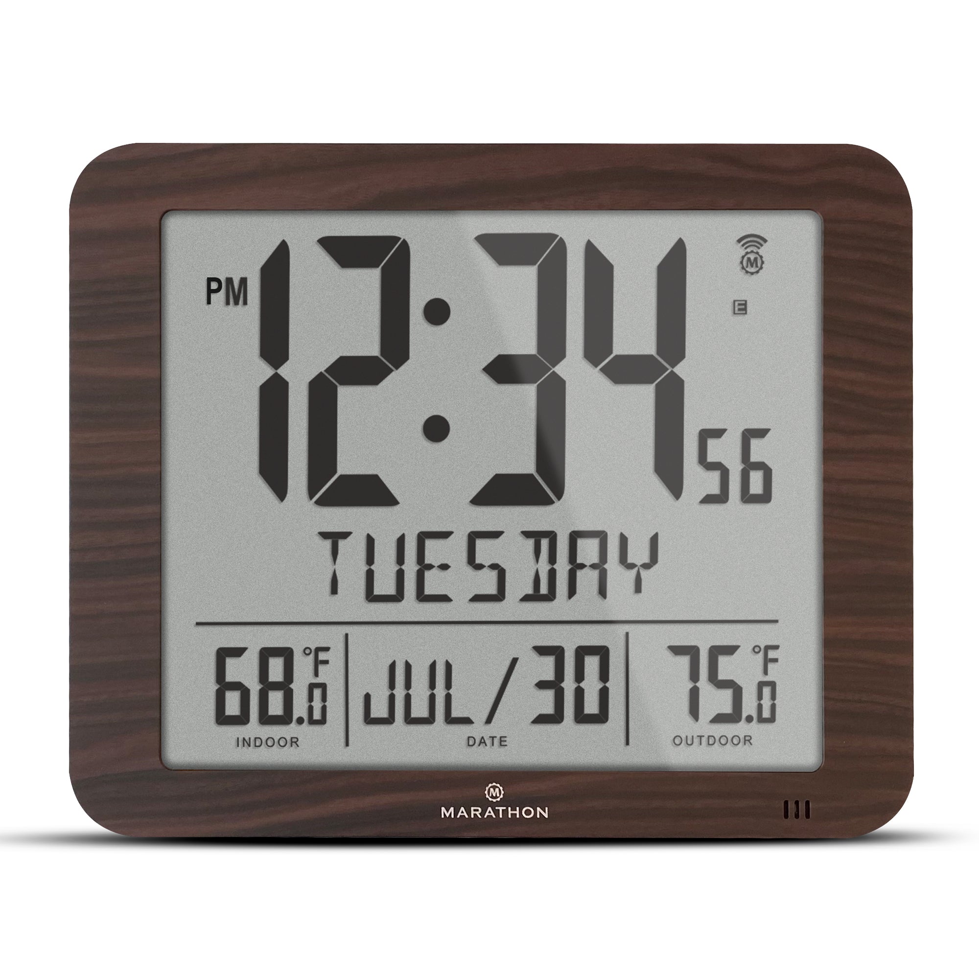 Slim Self-Setting Full Calendar Wall Clock with Indoor/Outdoor Temperature