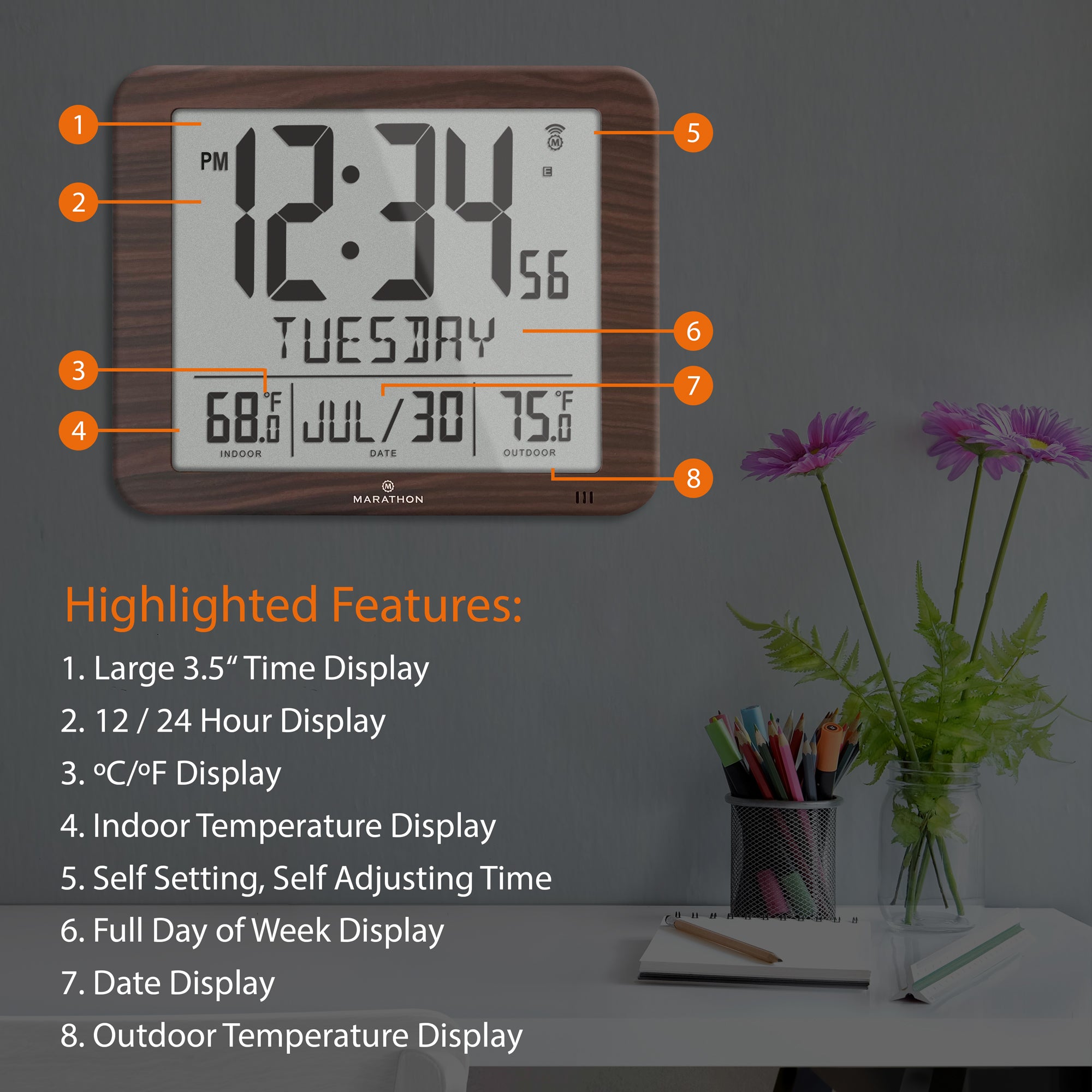 Slim Self-Setting Full Calendar Wall Clock with Indoor/Outdoor Temperature