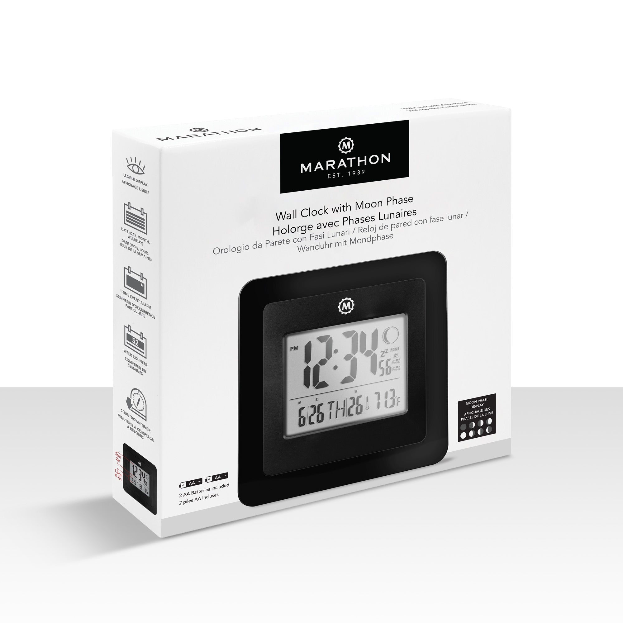 Marathon BASICS Digital Wall Clock with Moon Phase - Black