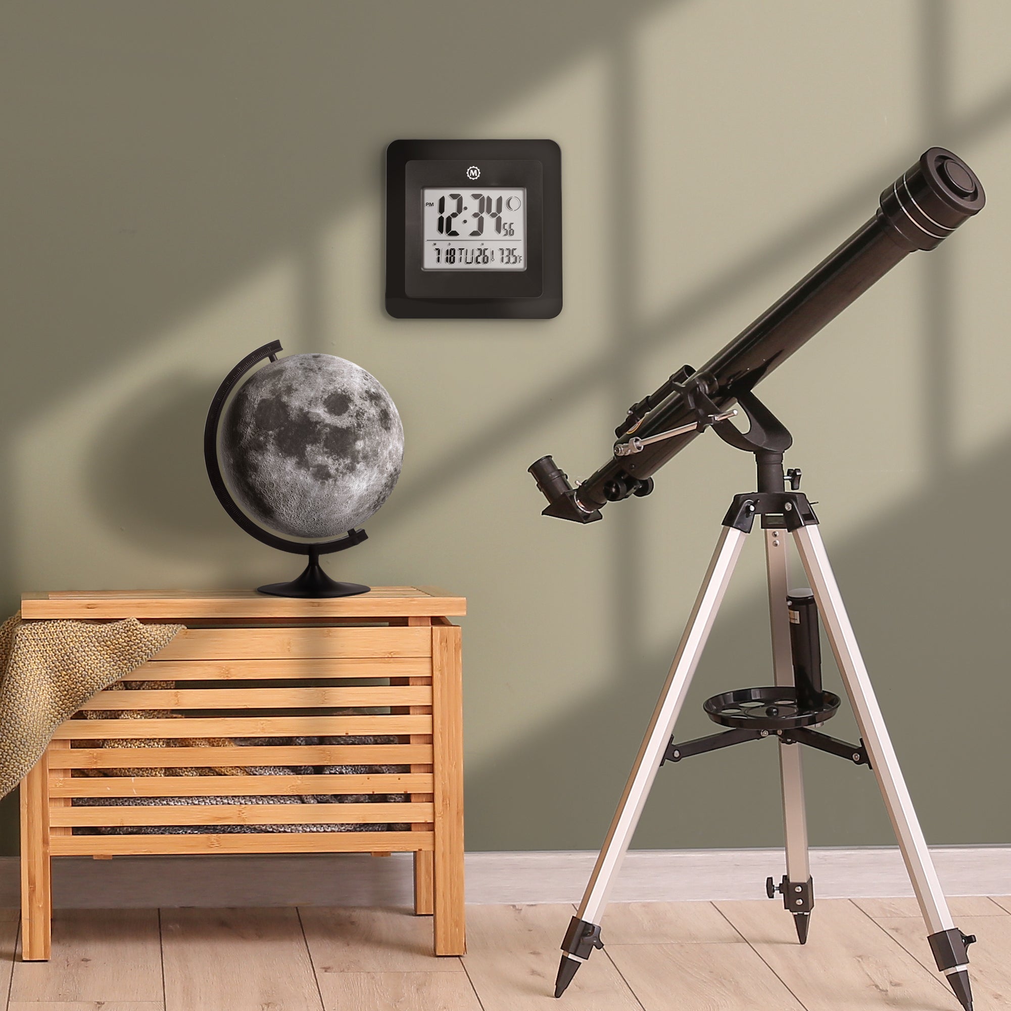 Marathon BASICS Digital Wall Clock with Moon Phase - Black