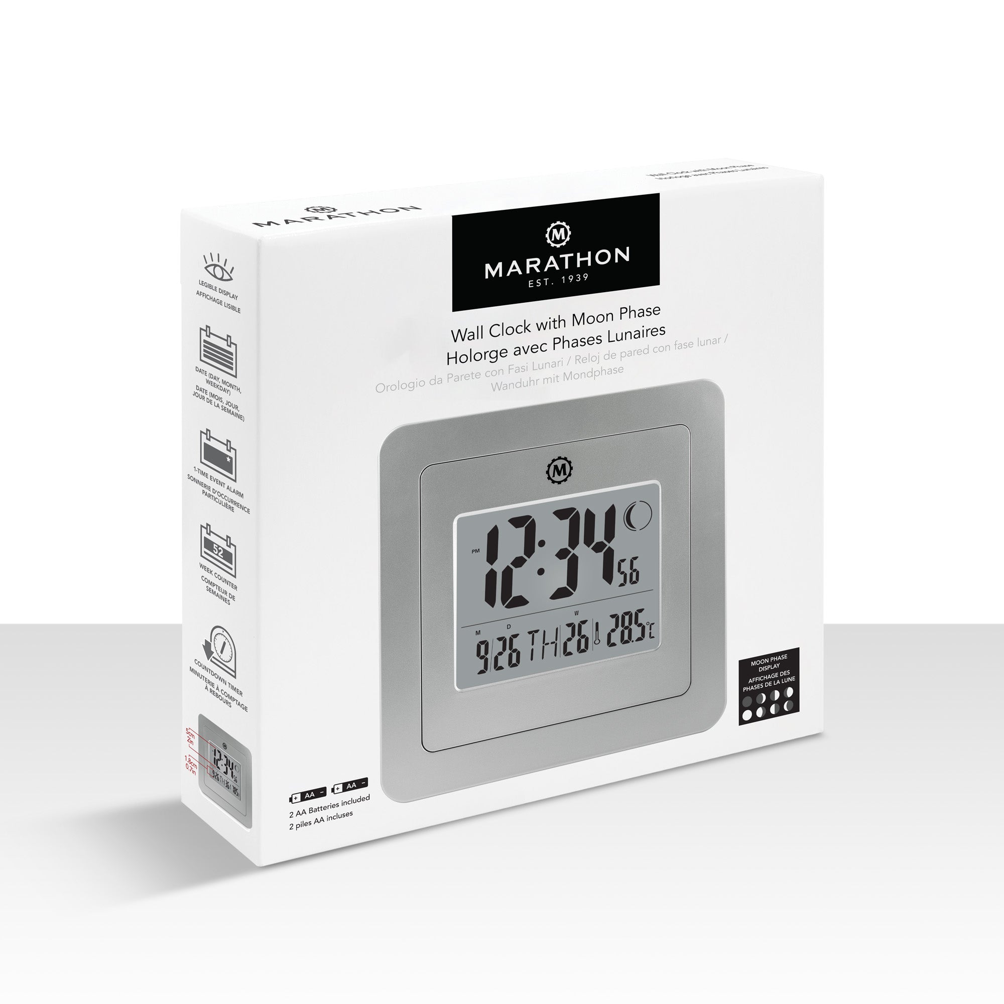 Marathon BASICS Digital Wall Clock with Moon Phase
