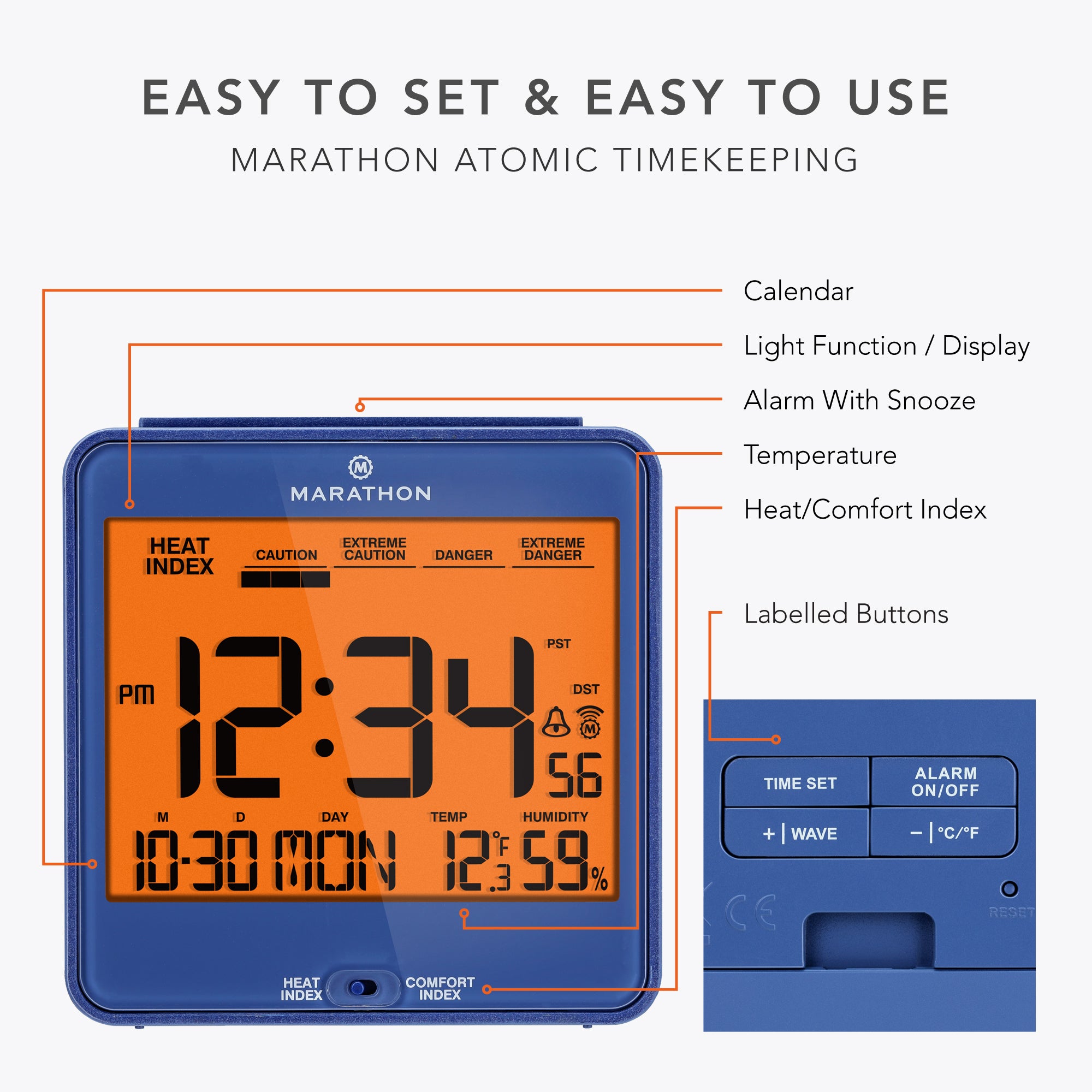 Self-Setting Desk Clock with Backlight, Heat & Comfort Index