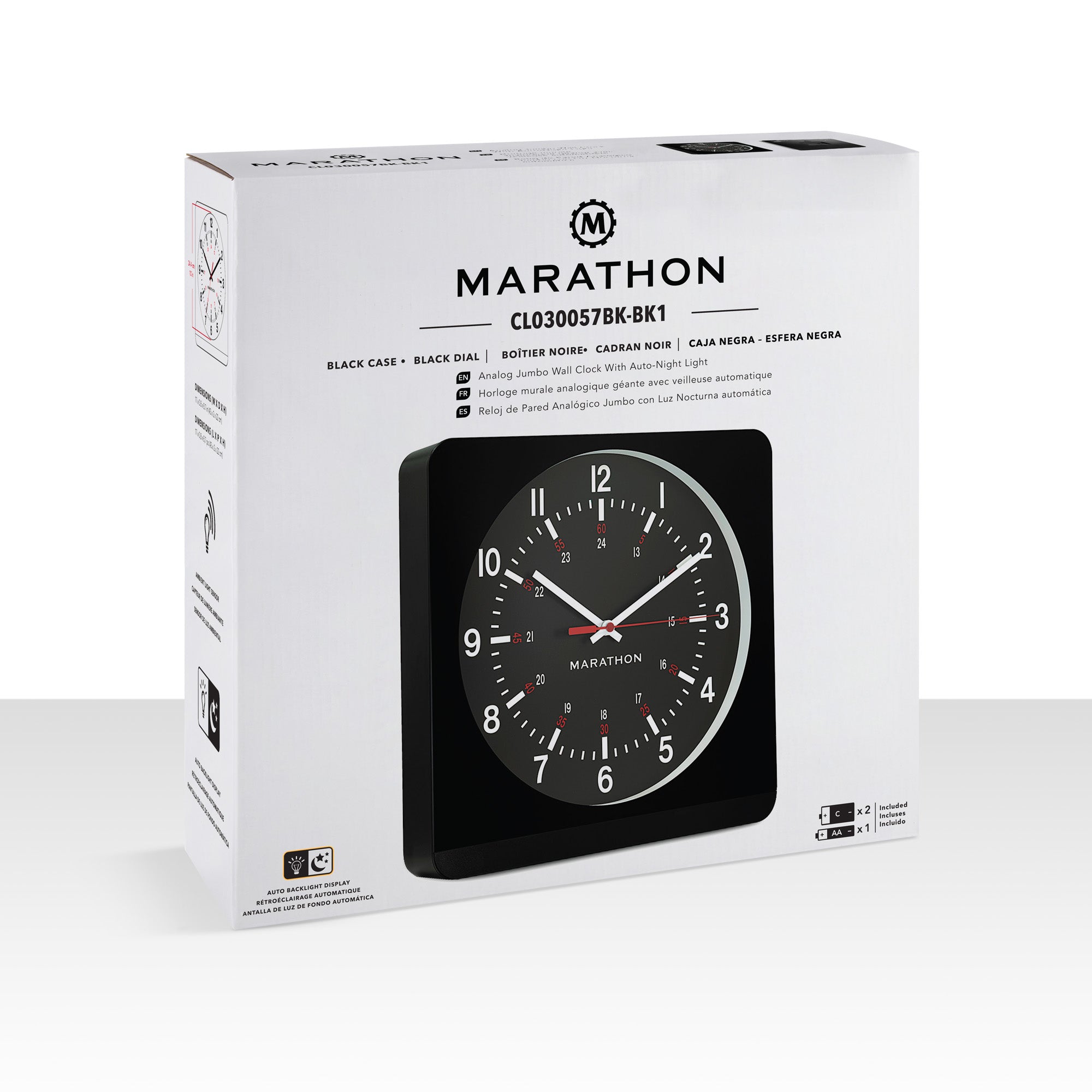 Jumbo 12 Inch Analog Wall Clock with Auto Backlight - Black Case/Black Dial