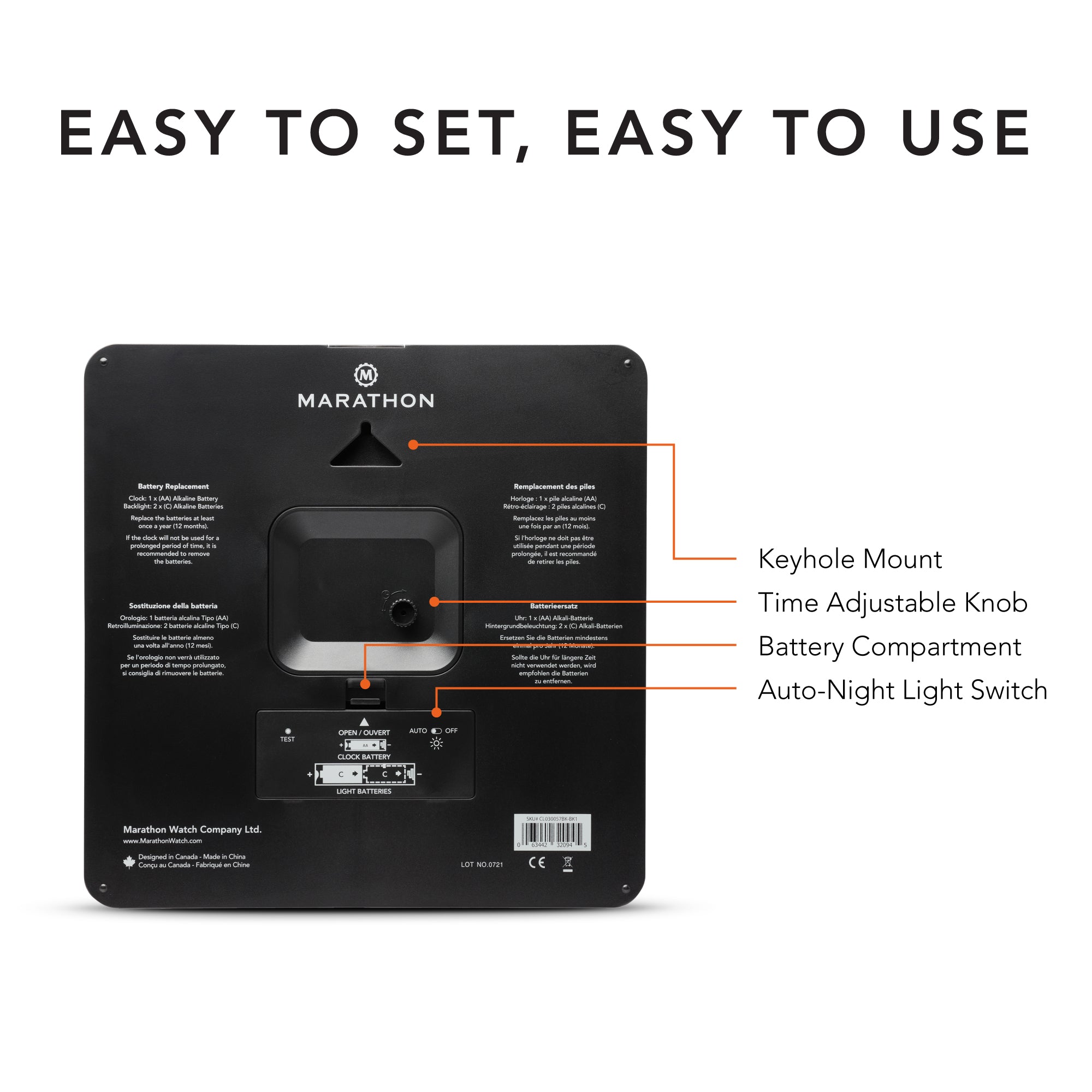 Jumbo 12 Inch Analog Wall Clock with Auto Backlight - Black Case/Black Dial