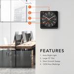 Jumbo 12 Inch Analog Wall Clock with Auto Backlight - Black Case/Black Dial