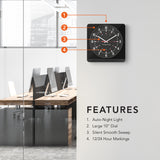 Jumbo 12 Inch Analog Wall Clock with Auto Backlight - Black Case/Black Dial image