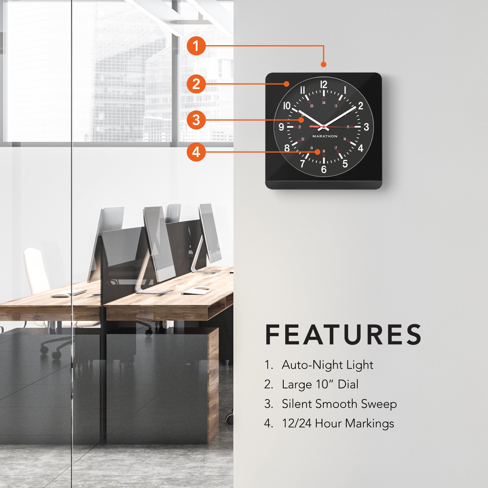 Jumbo 12 Inch Analog Wall Clock with Auto Backlight - Black Case/Black Dial