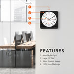 Jumbo 12 Inch Analog Wall Clock with Auto Backlight - Black Case/White Dial