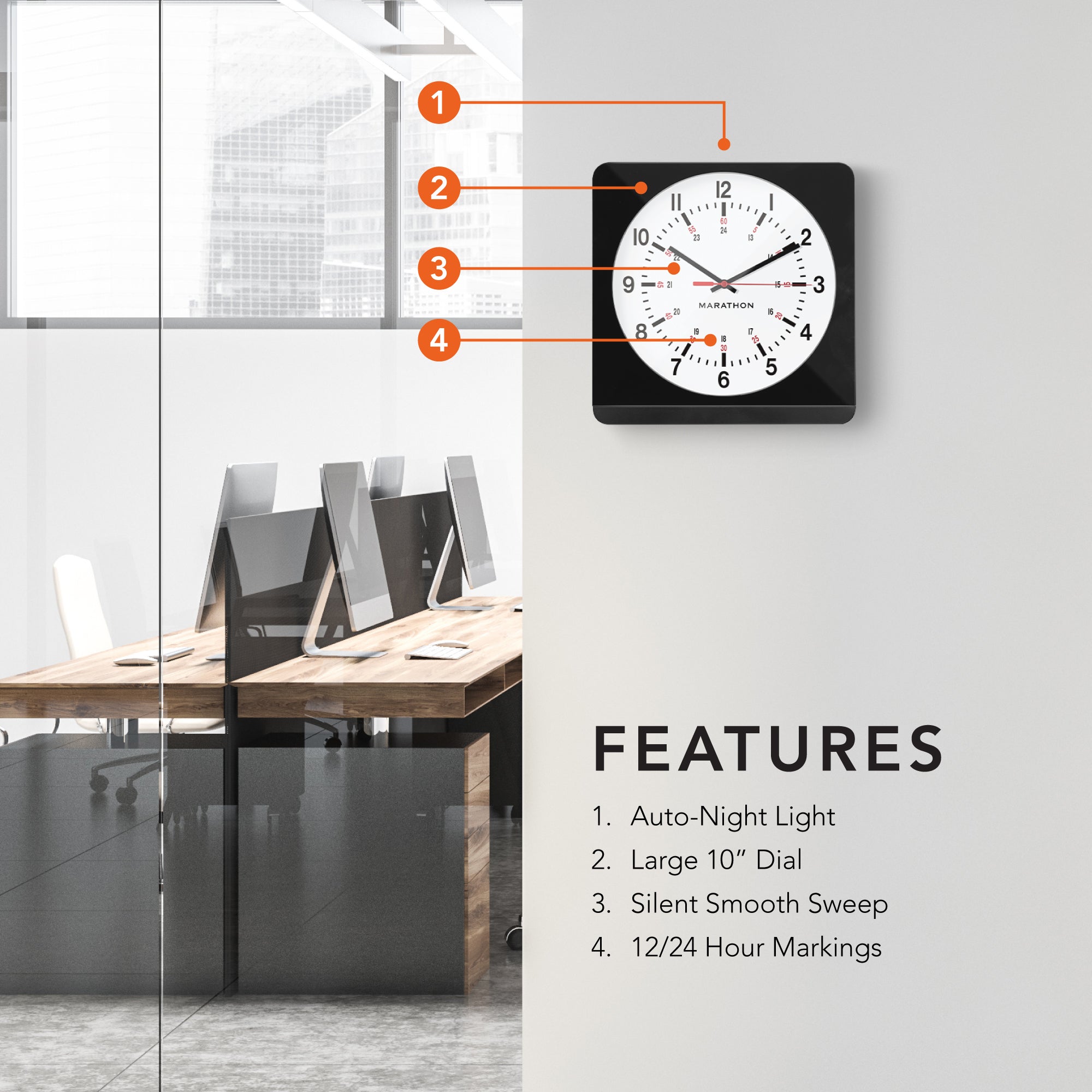 Jumbo 12 Inch Analog Wall Clock with Auto Backlight - Black Case/White Dial